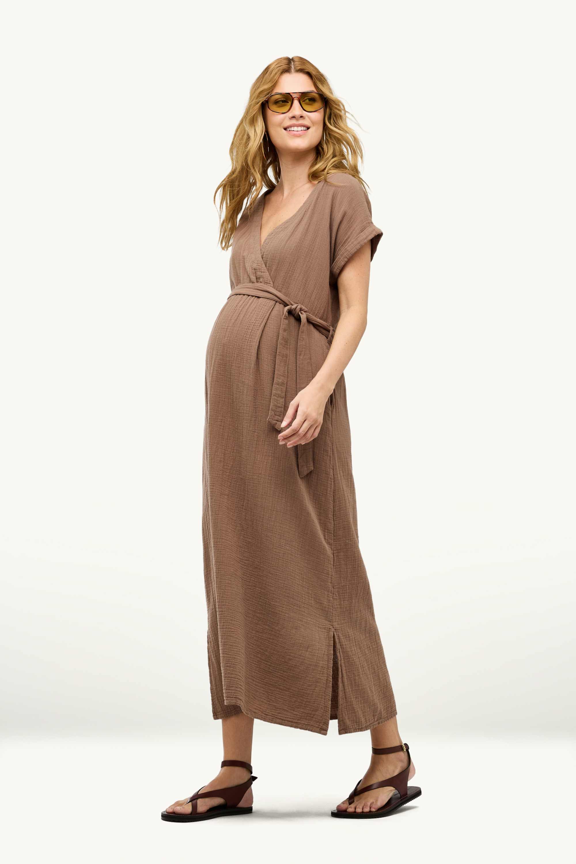 V-neck nursing dress - textured brown