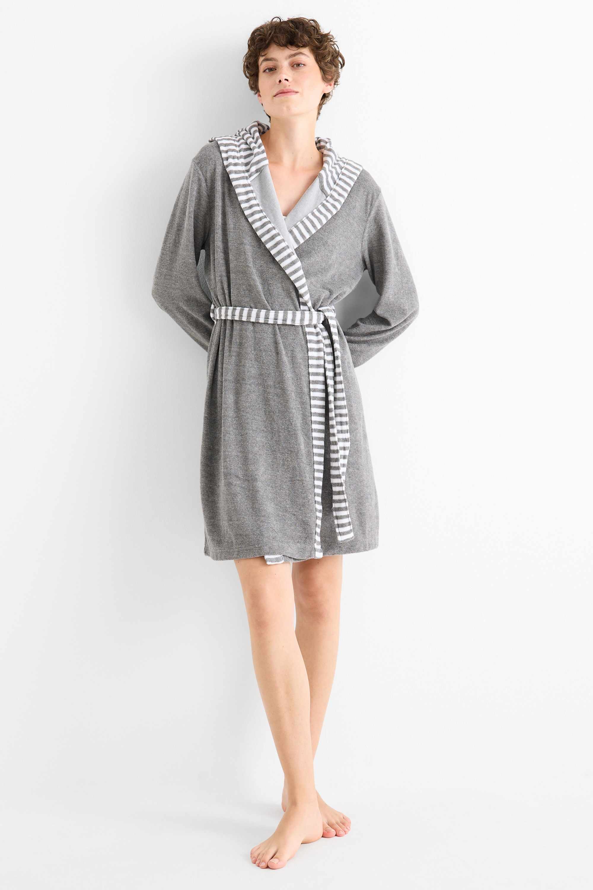 Terry cloth bathrobe with hood gray-melange