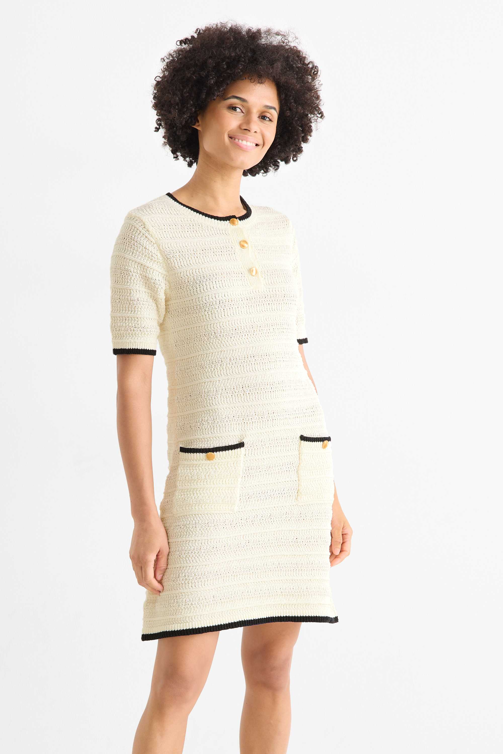 Knitted dress - textured dark blue / creme white