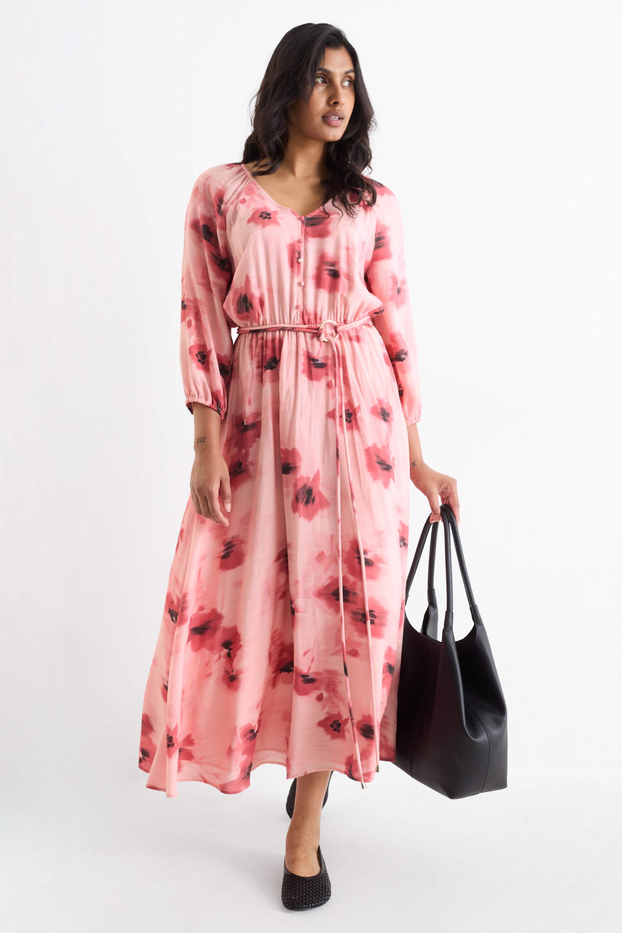 V-neck dress - straight fit - floral pink / rose