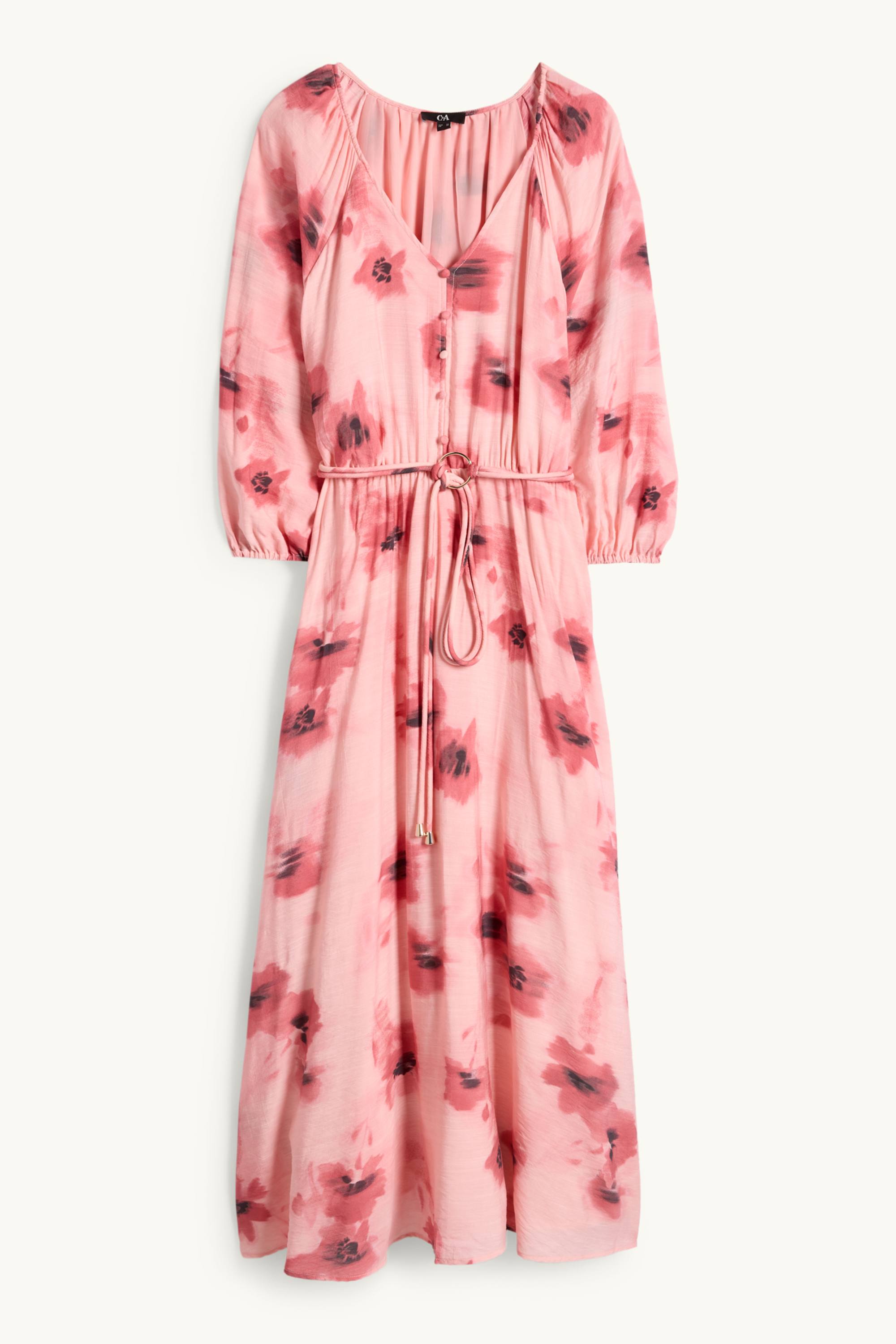 V-neck dress - straight fit - floral pink / rose