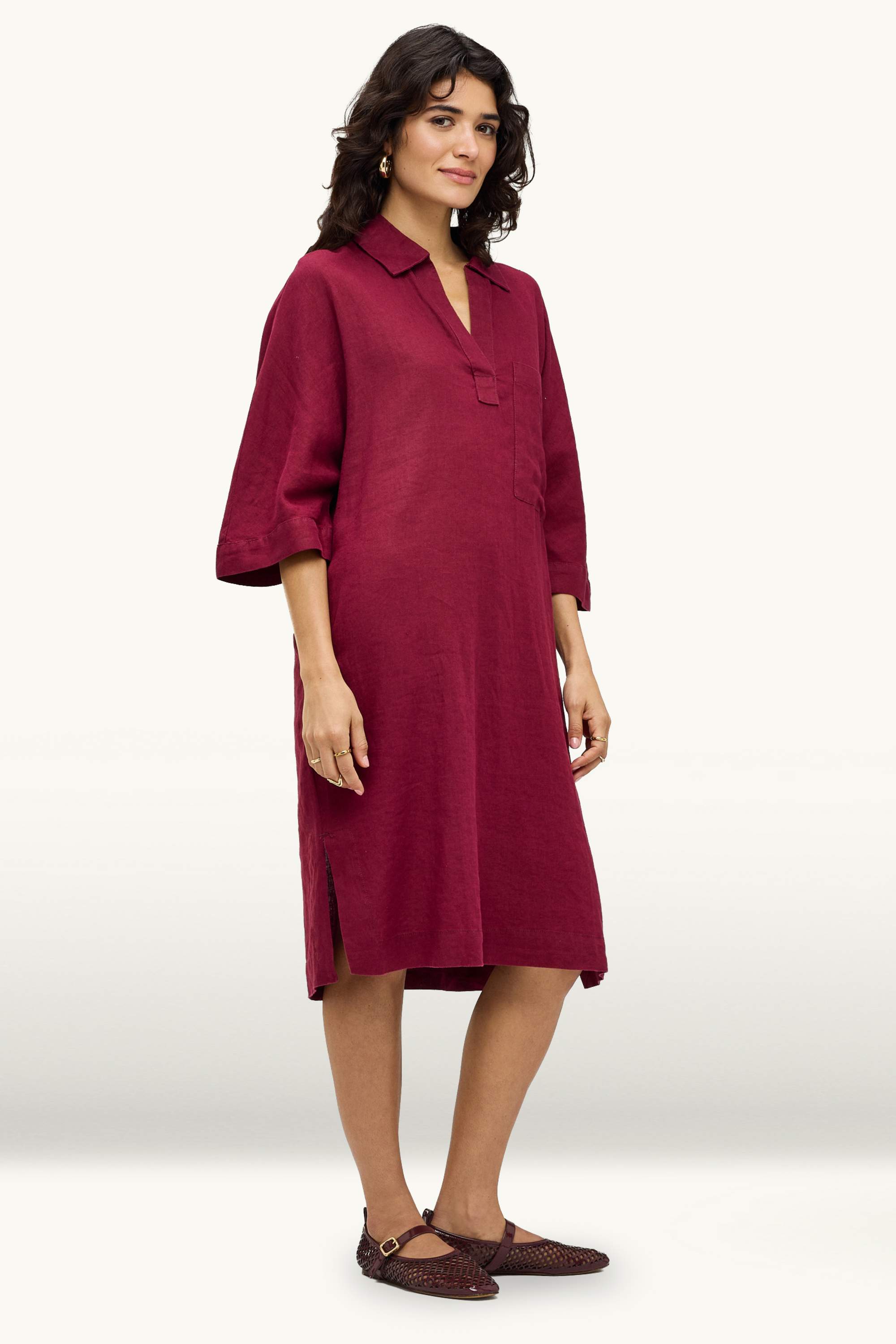 Linen dress - straight fit dark red