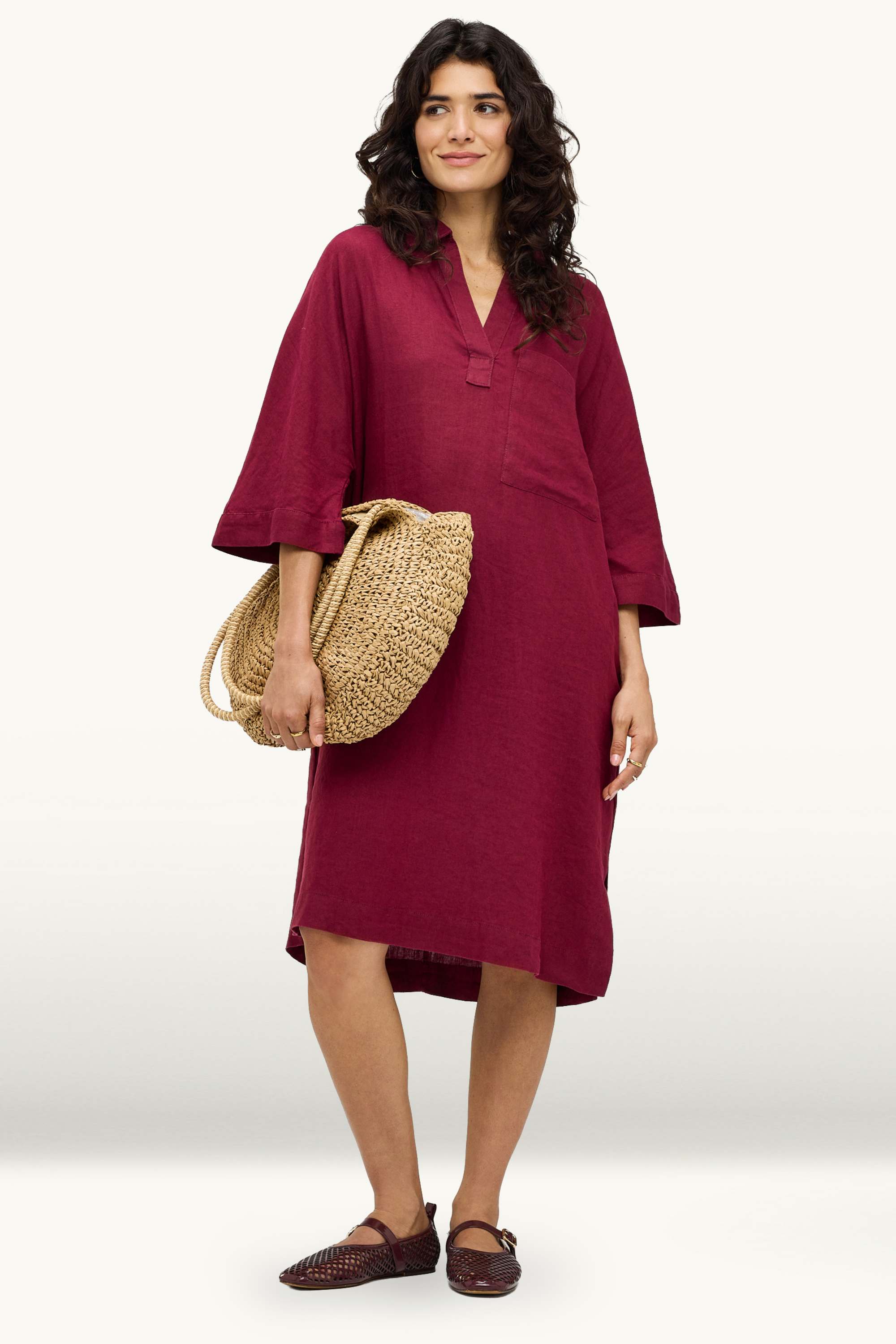 Linen dress - straight fit dark red
