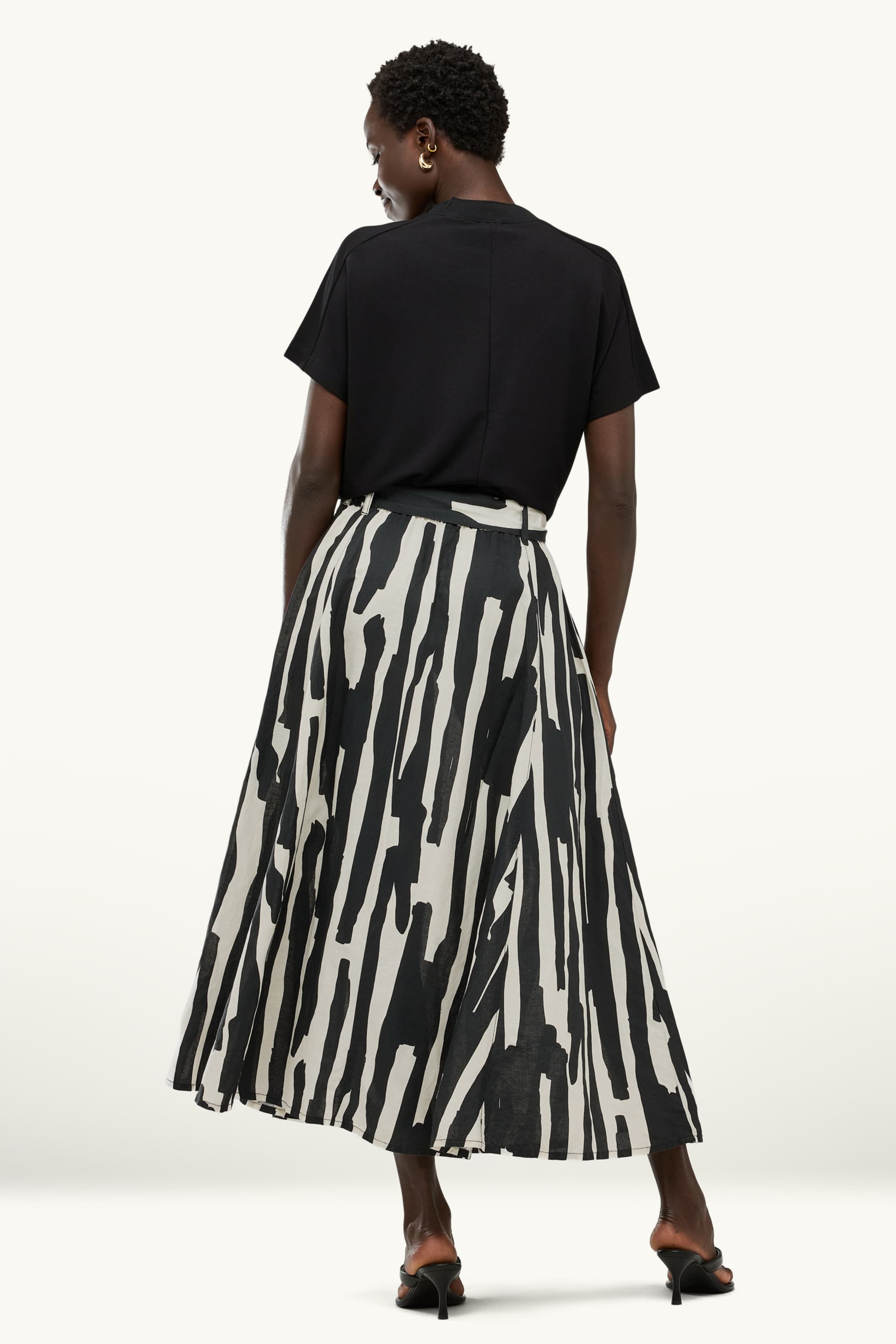 Skirt with belt - linen blend - patterned black / white