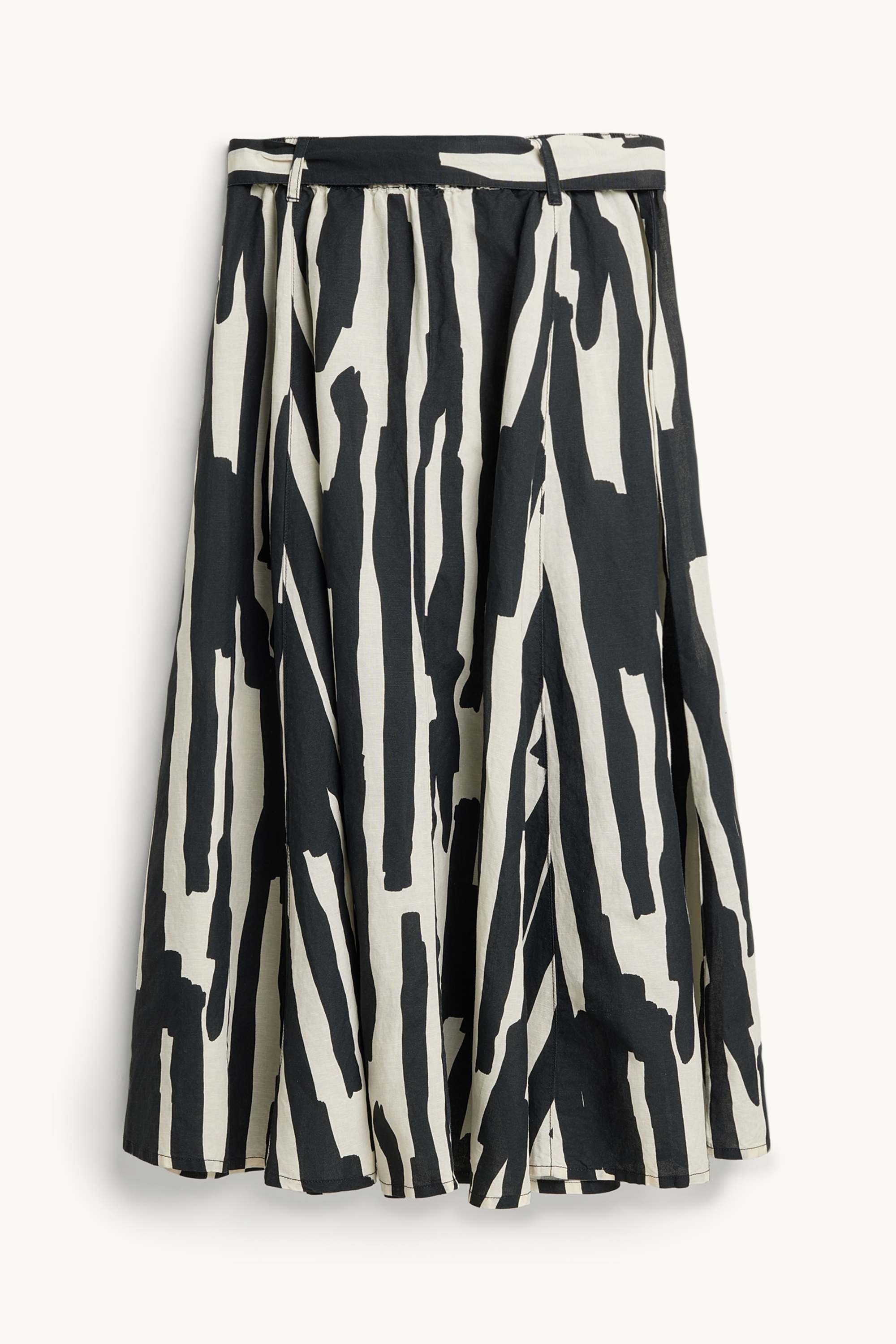 Skirt with belt - linen blend - patterned black / white