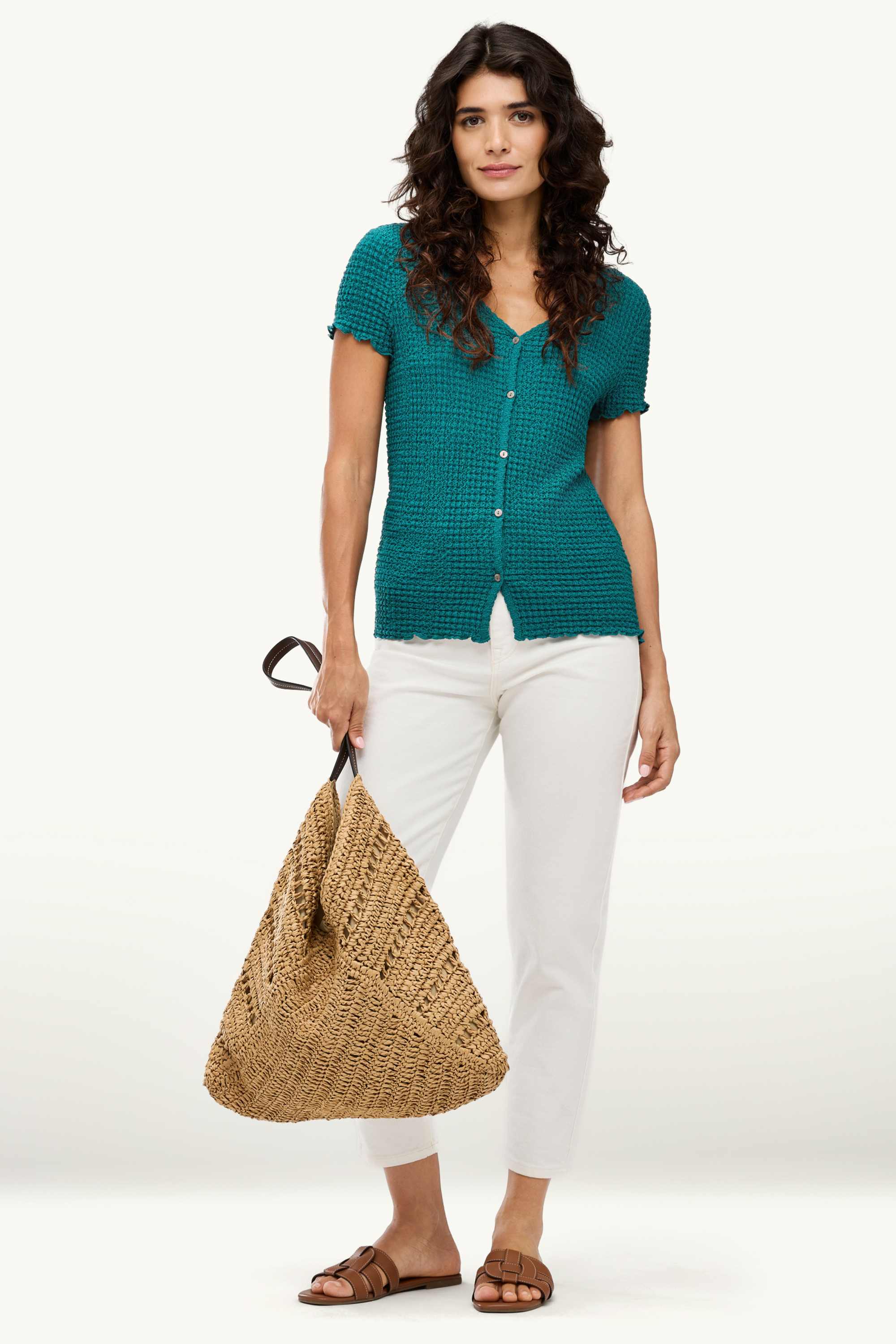 V-neck T-shirt with button placket - regular fit petrol