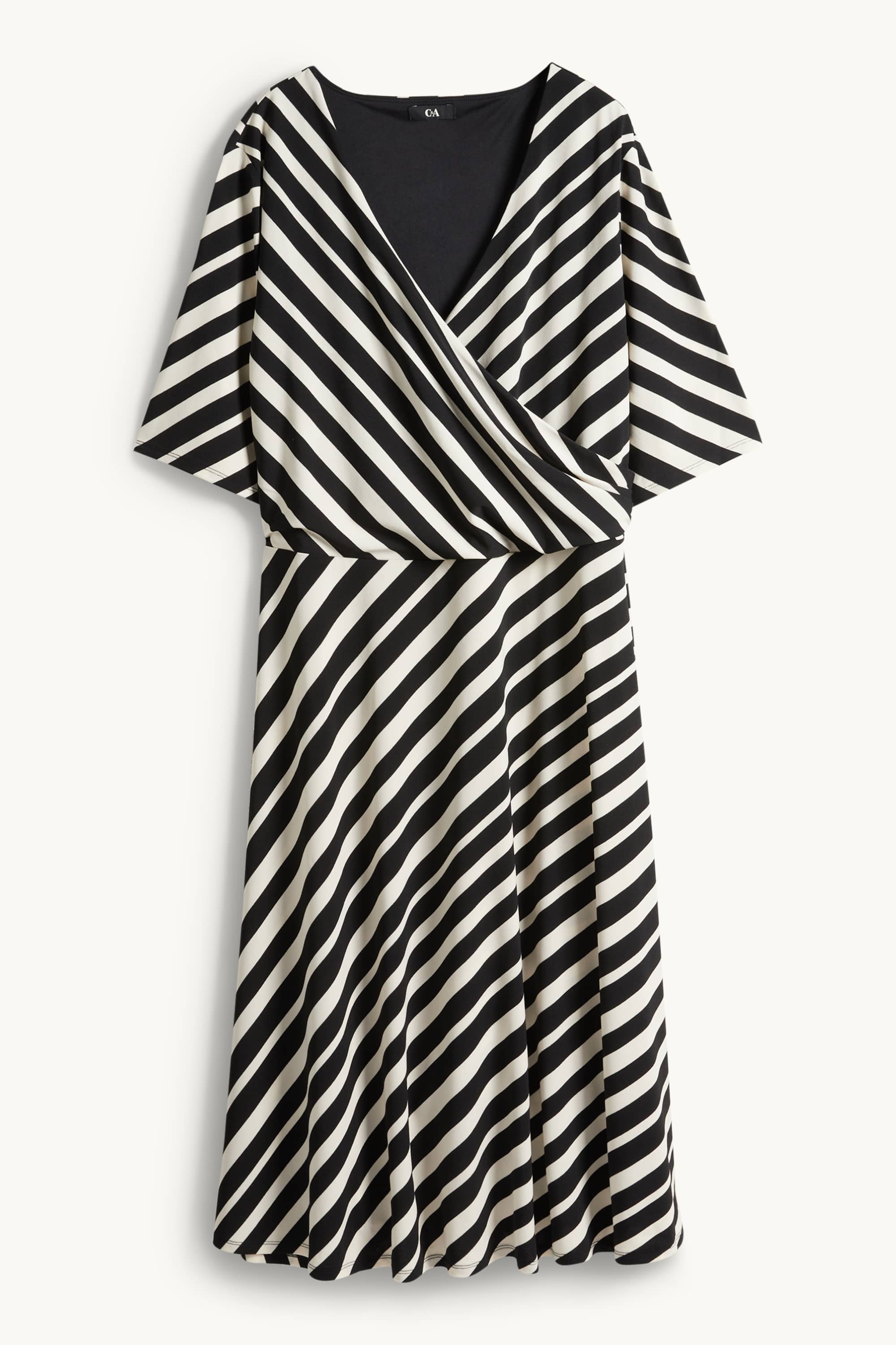 V-neck dress - straight fit - striped black / white