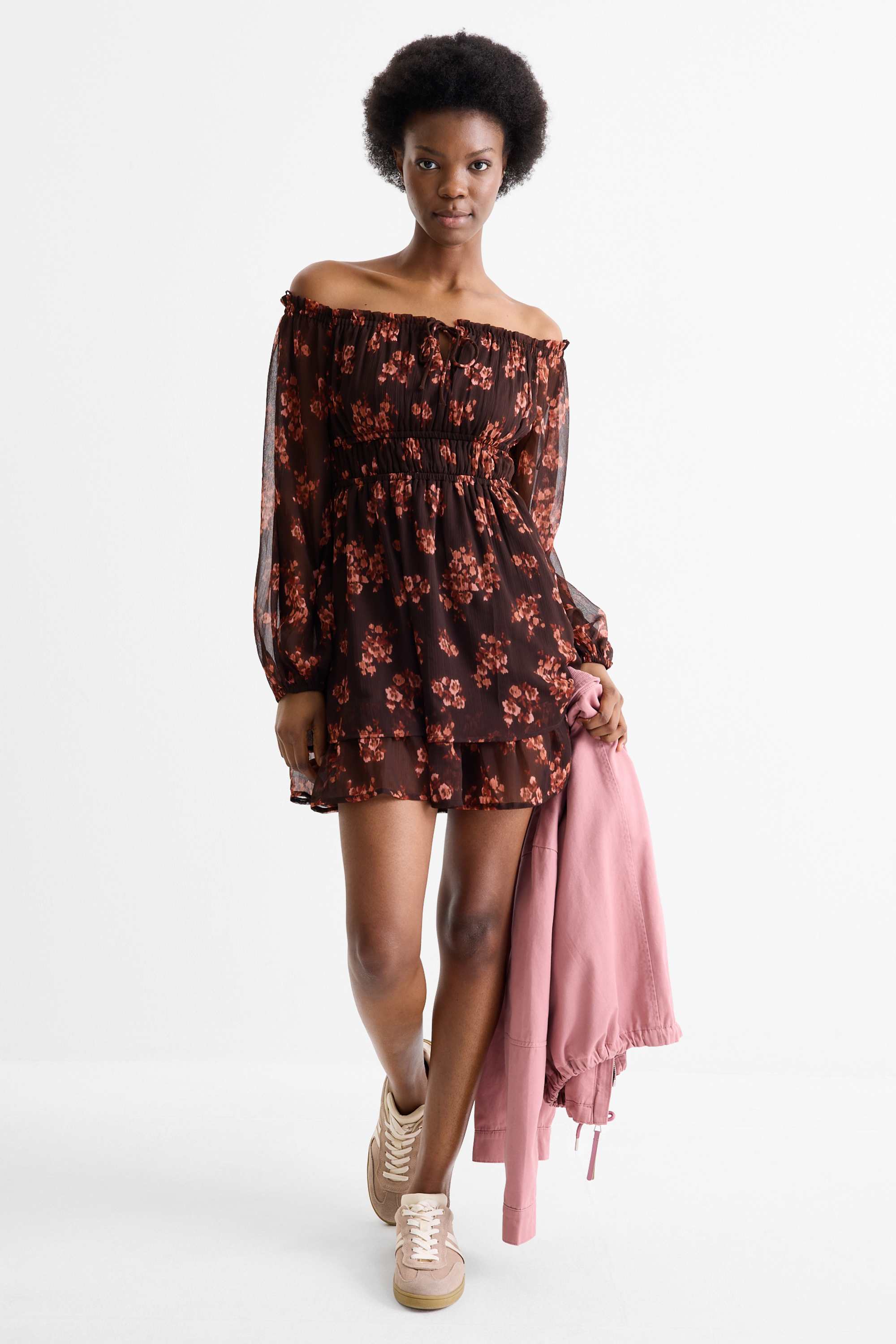 Empire dress - floral - textured dark brown