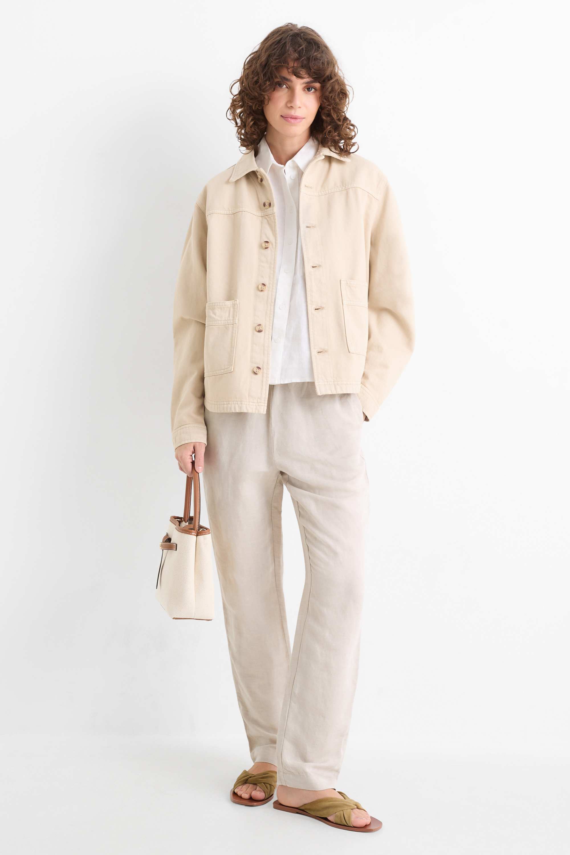 Cloth trousers - mid-rise waist - tapered leg - linen blend beige