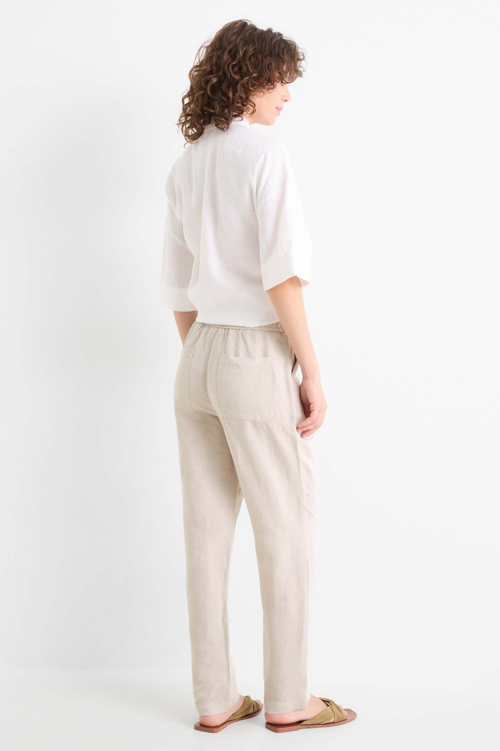Cloth trousers - mid-rise waist - tapered leg - linen blend beige
