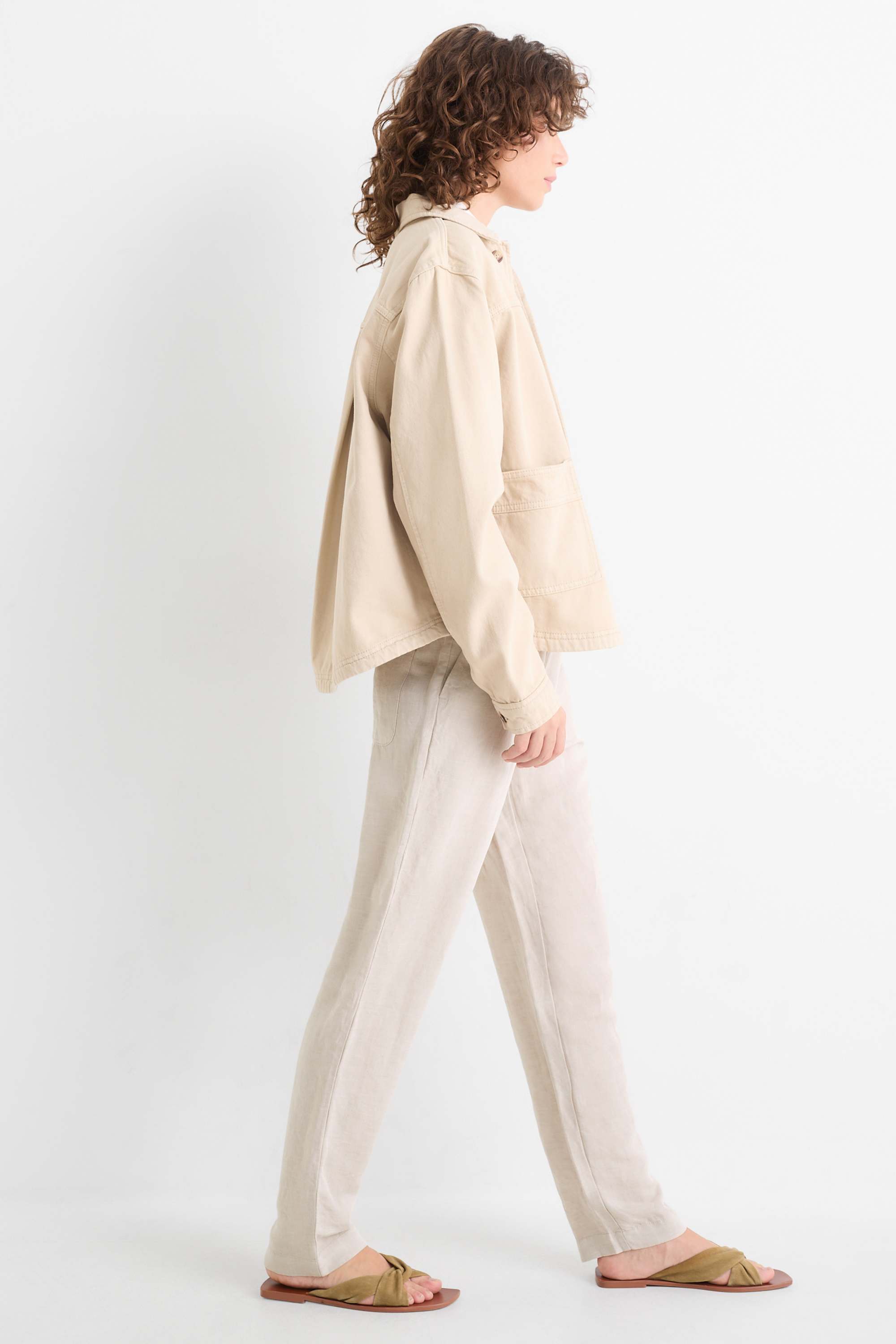 Cloth trousers - mid-rise waist - tapered leg - linen blend beige