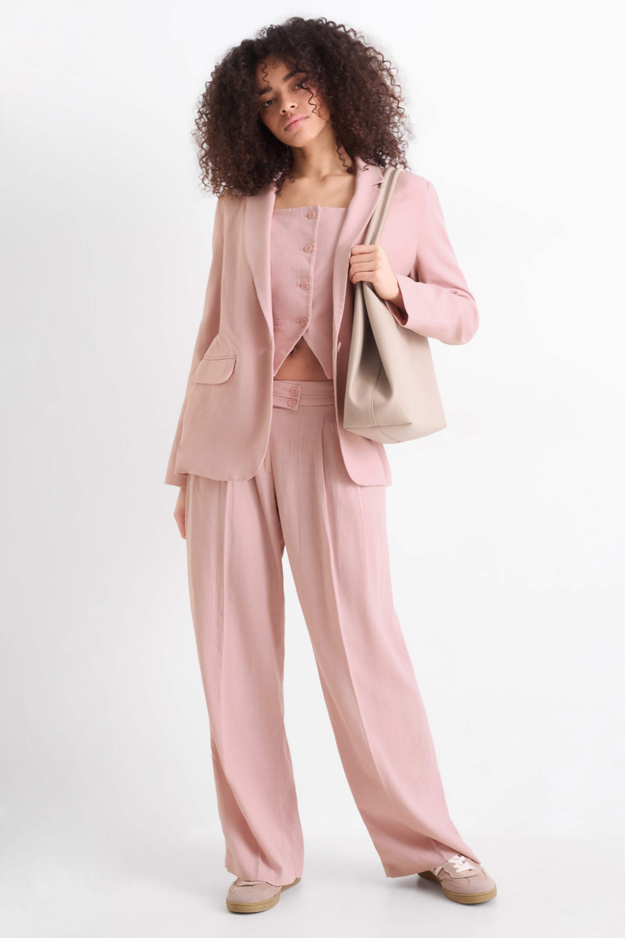 Cloth trousers with linen content - mid-rise waist - loose fit rose