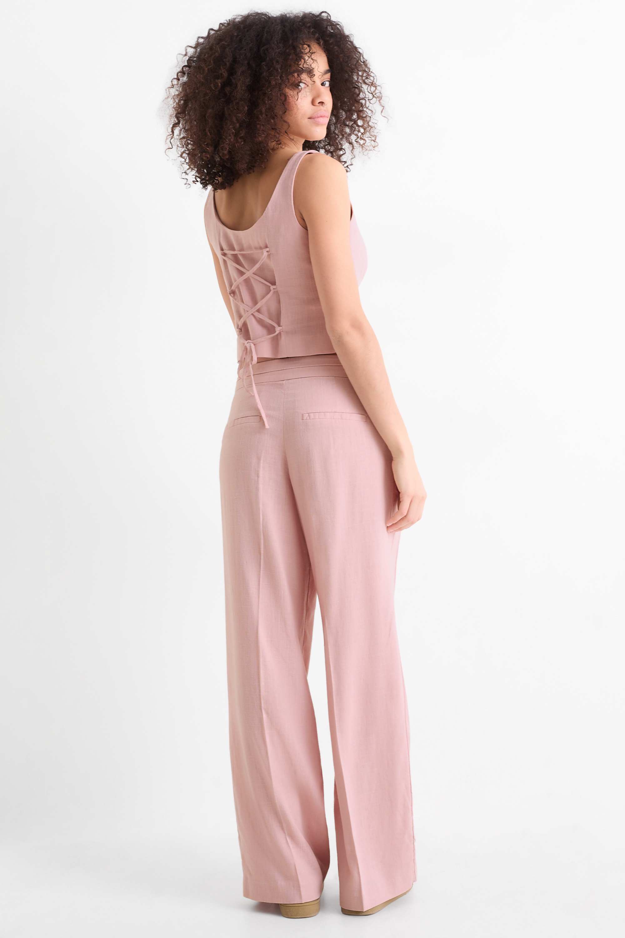 Cloth trousers with linen content - mid-rise waist - loose fit rose
