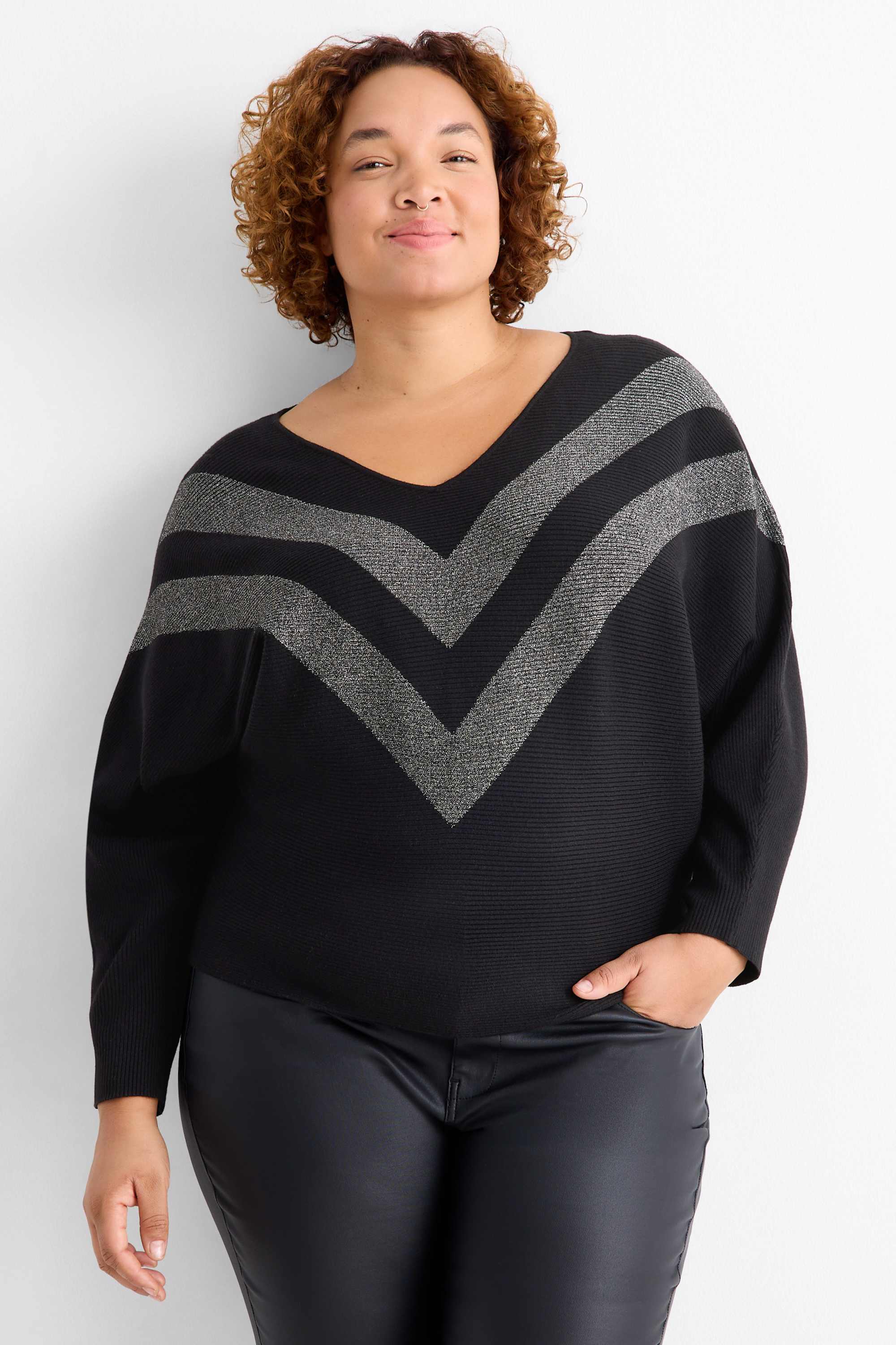 V-neck jumper - ribbed black