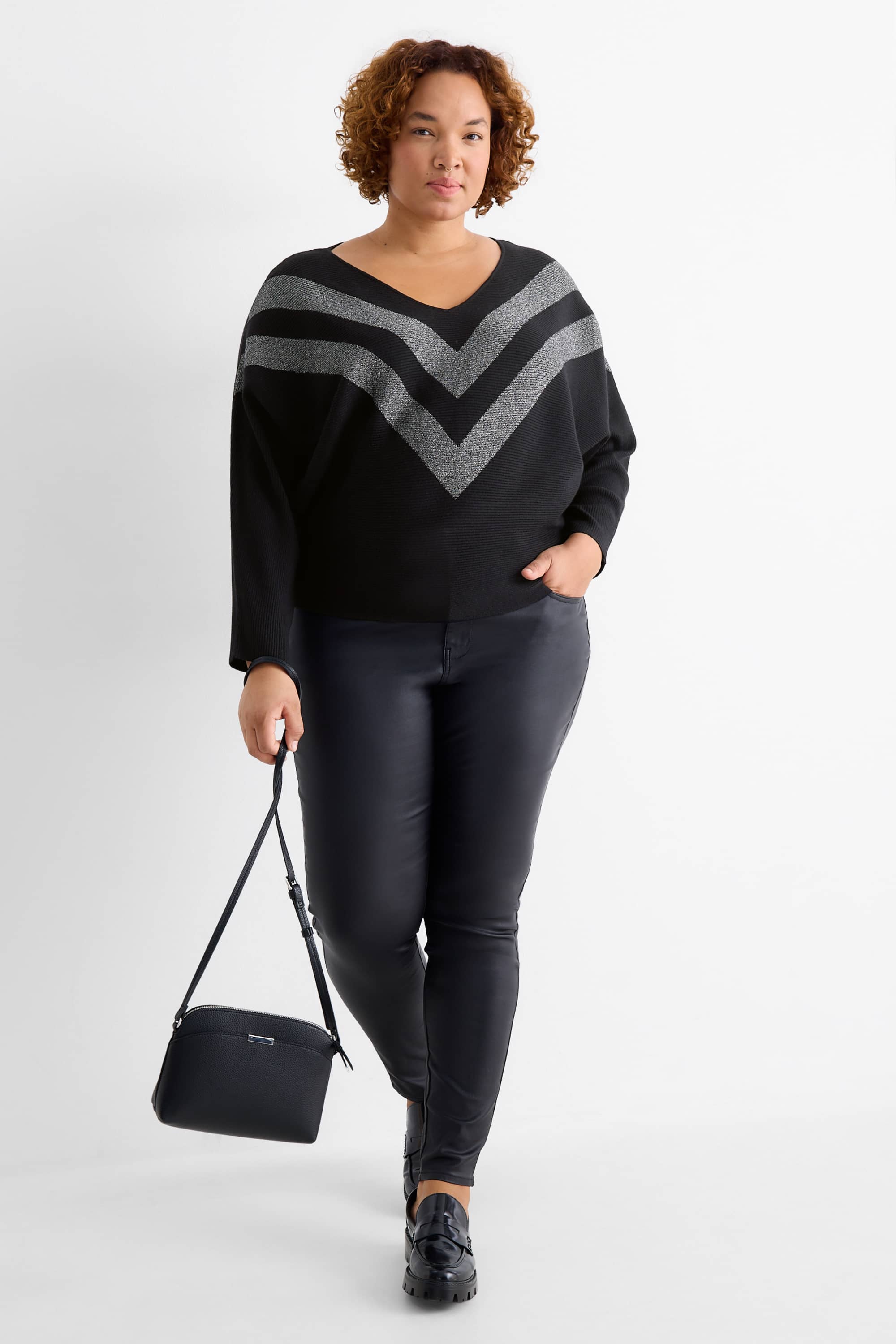 V-neck jumper - ribbed black