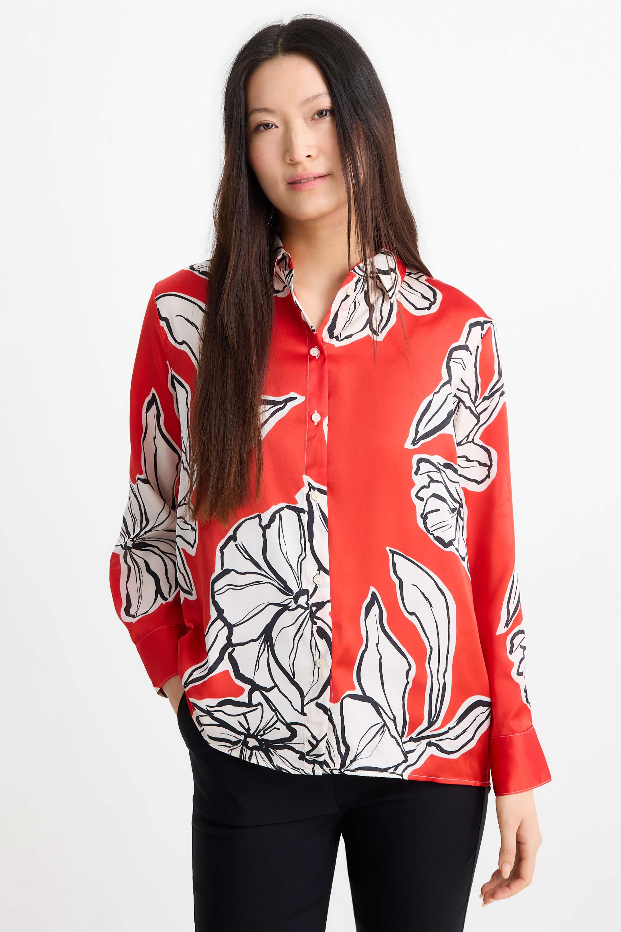Satin shirt blouse - floral dark orange