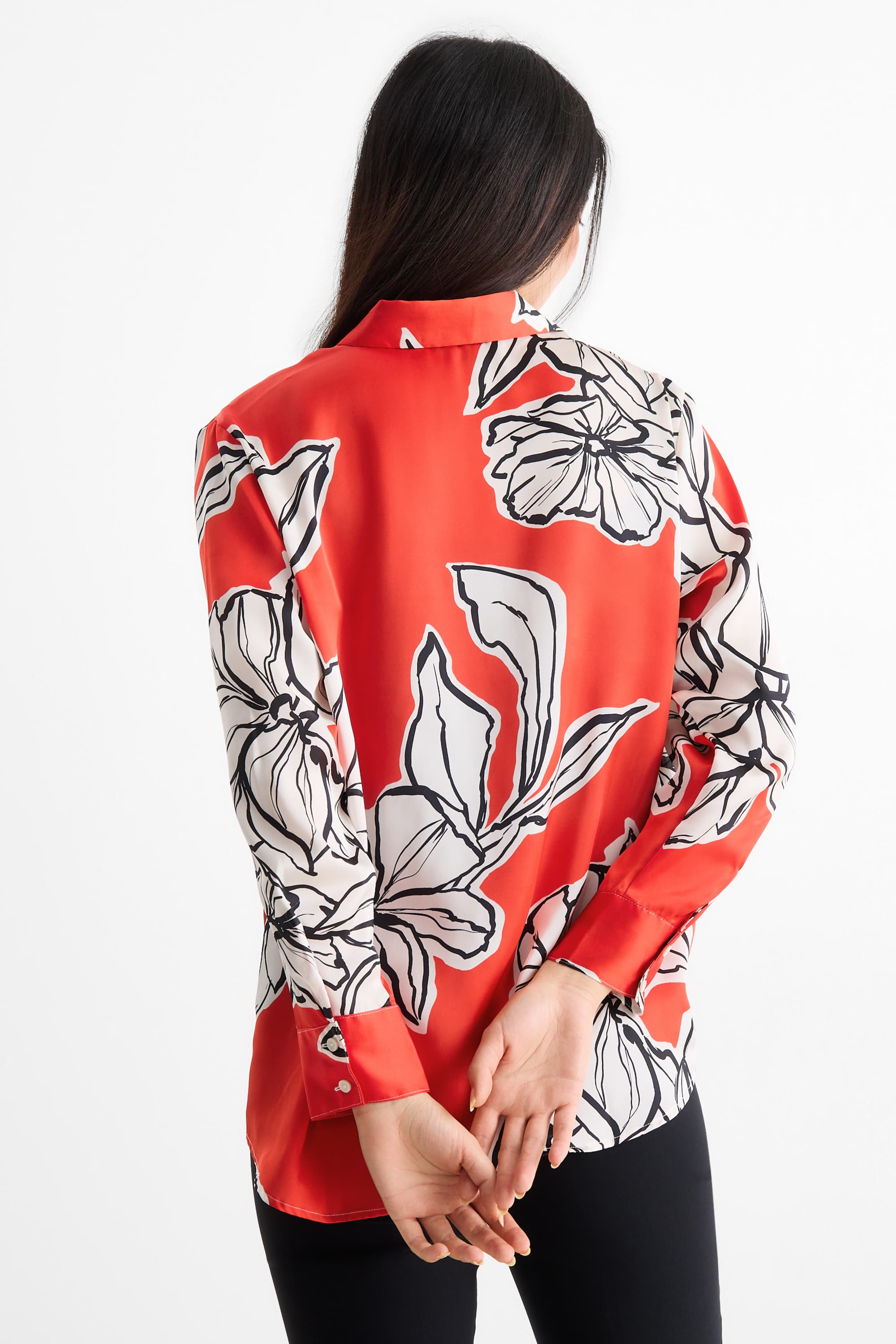 Satin shirt blouse - floral dark orange