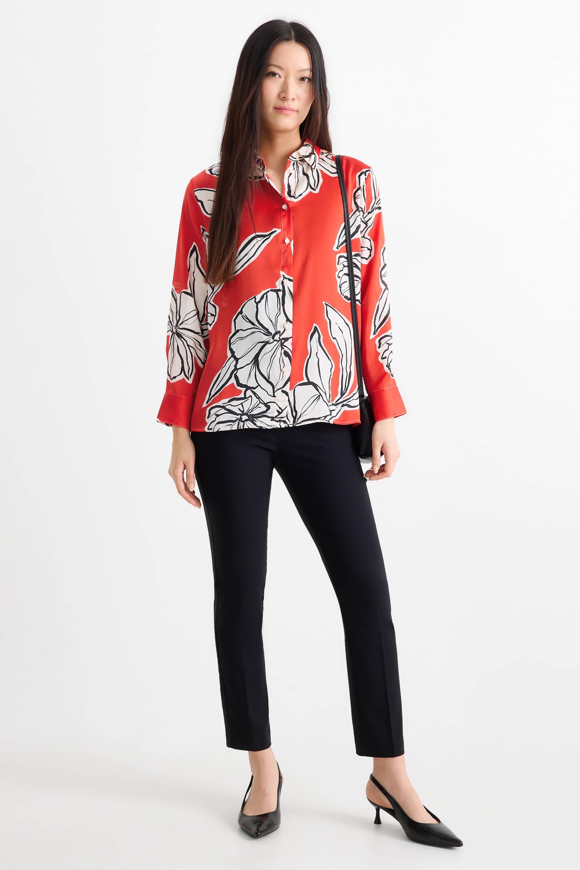 Satin shirt blouse - floral dark orange