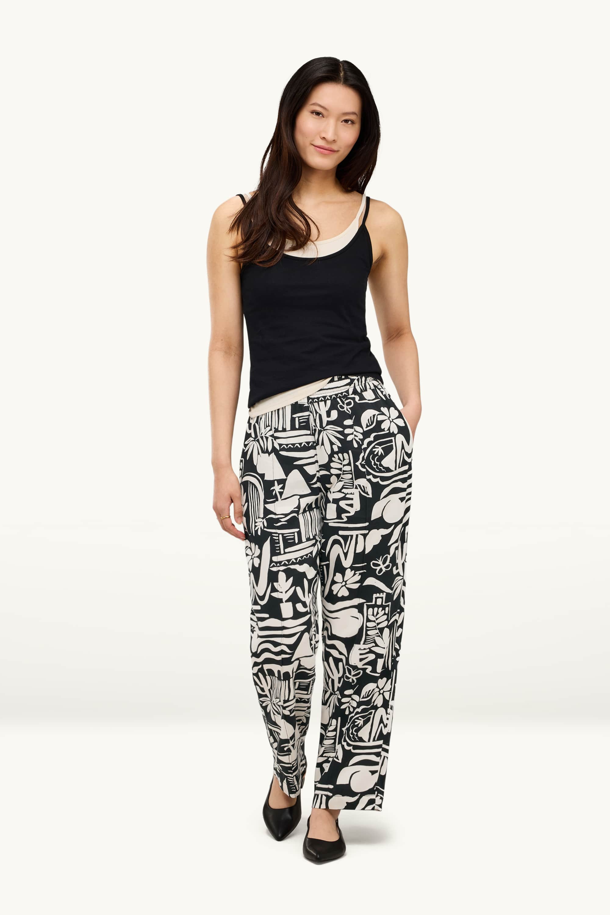Cloth trousers - mid-rise waist - wide leg - patterned black / white
