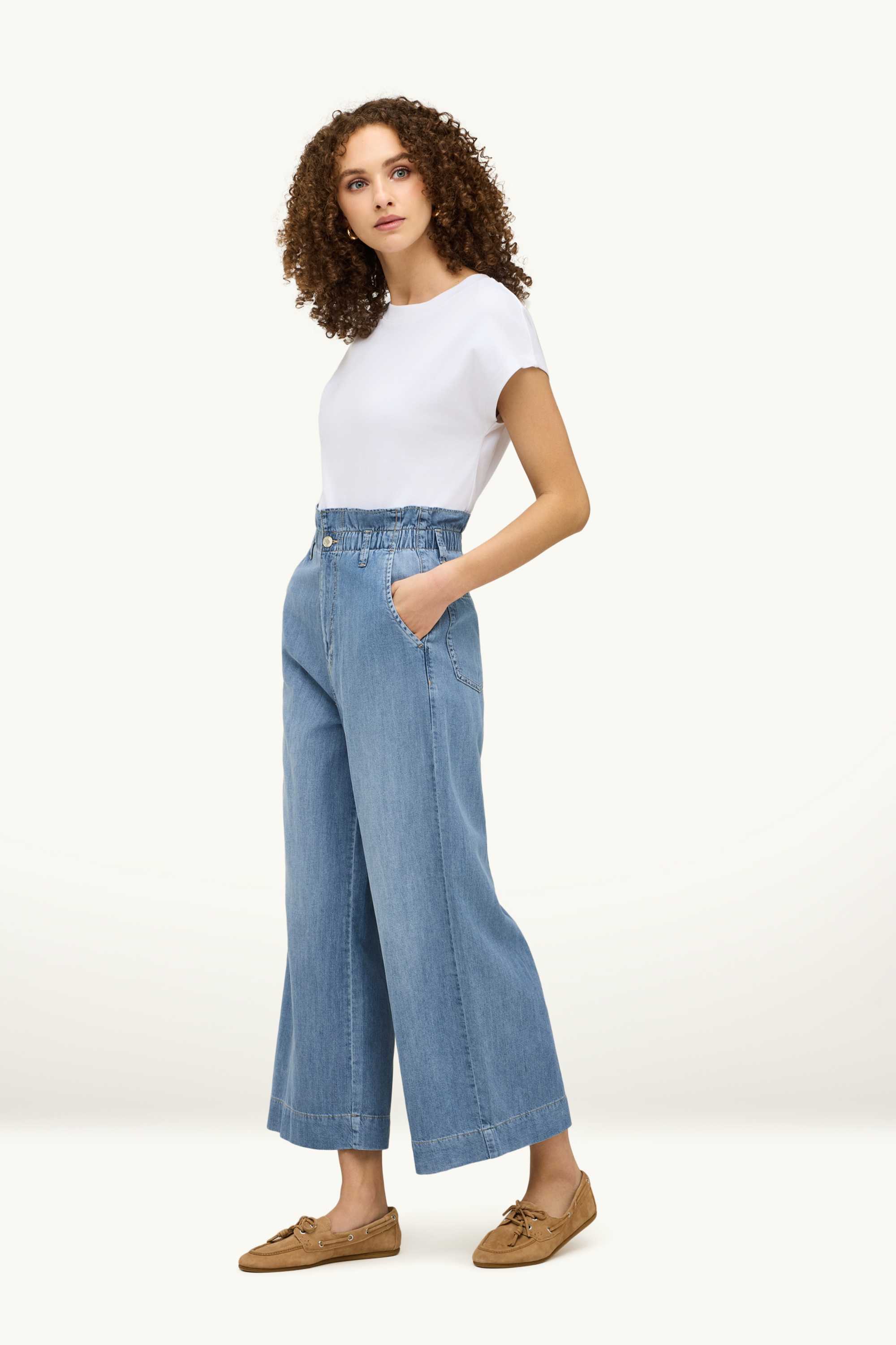 Cropped wide leg jeans - high waist blue denim