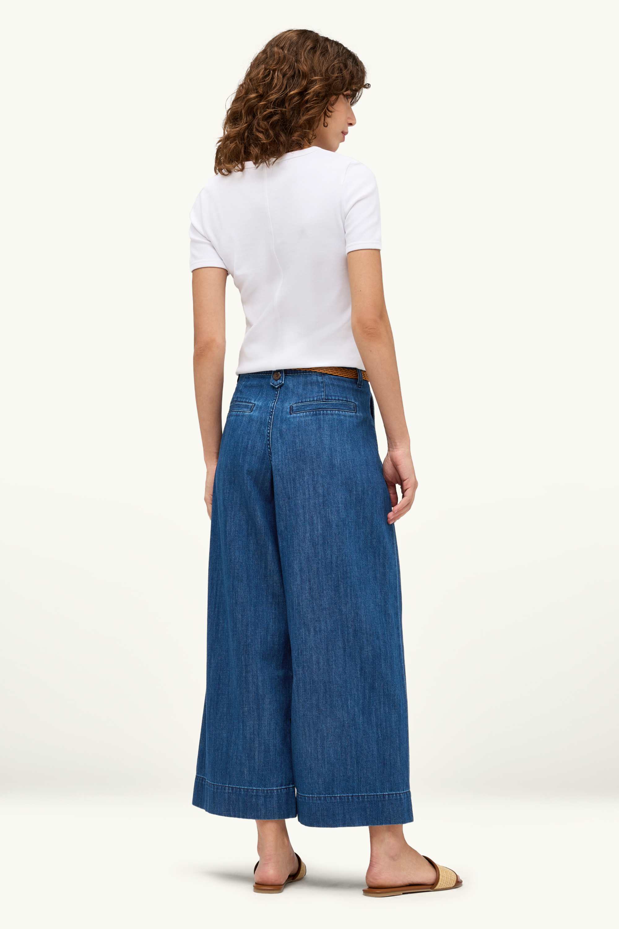 Cropped wide leg jeans with belt - mid-rise waist denim-dark blue