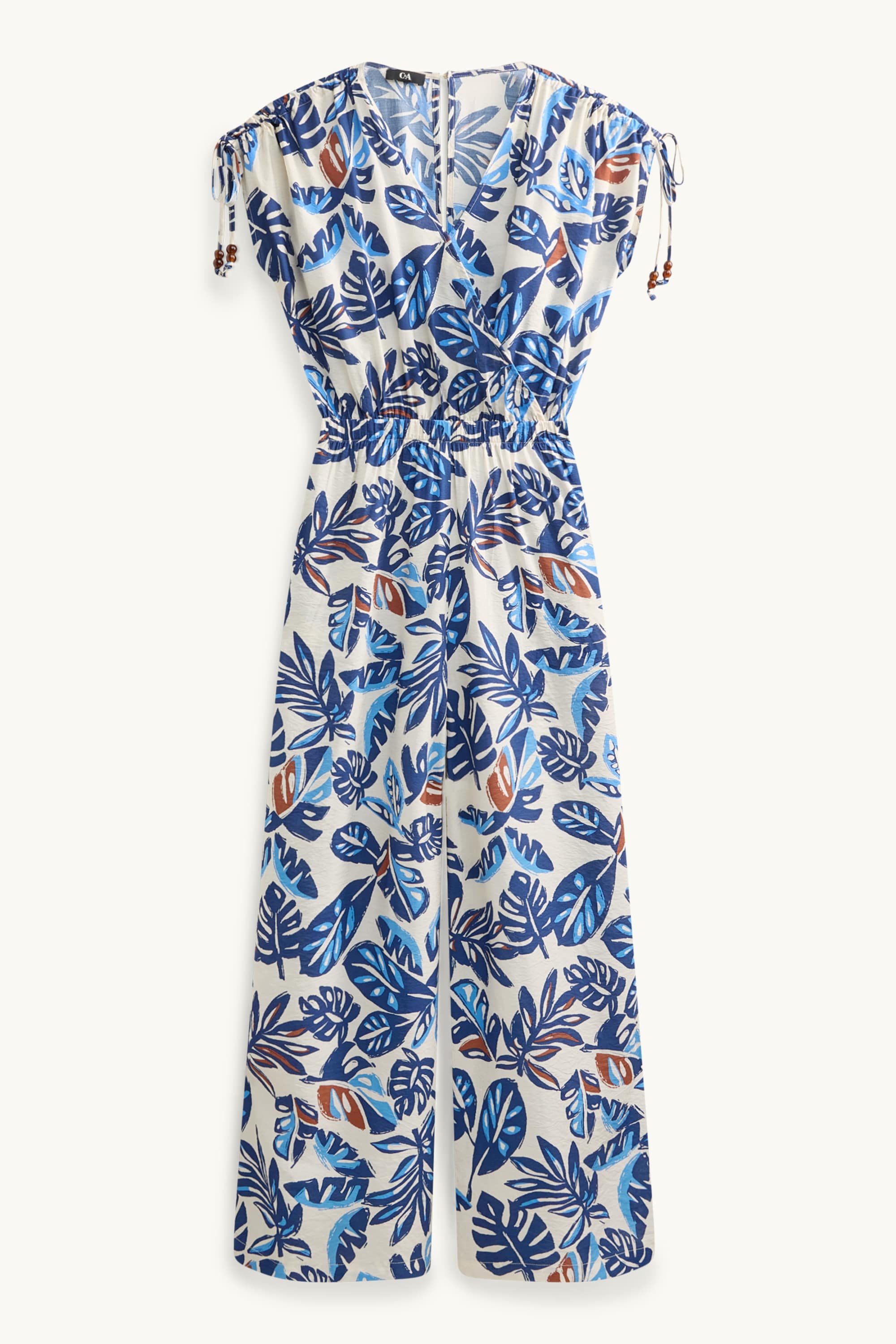 V-neck jumpsuit with beads - patterned blue / white