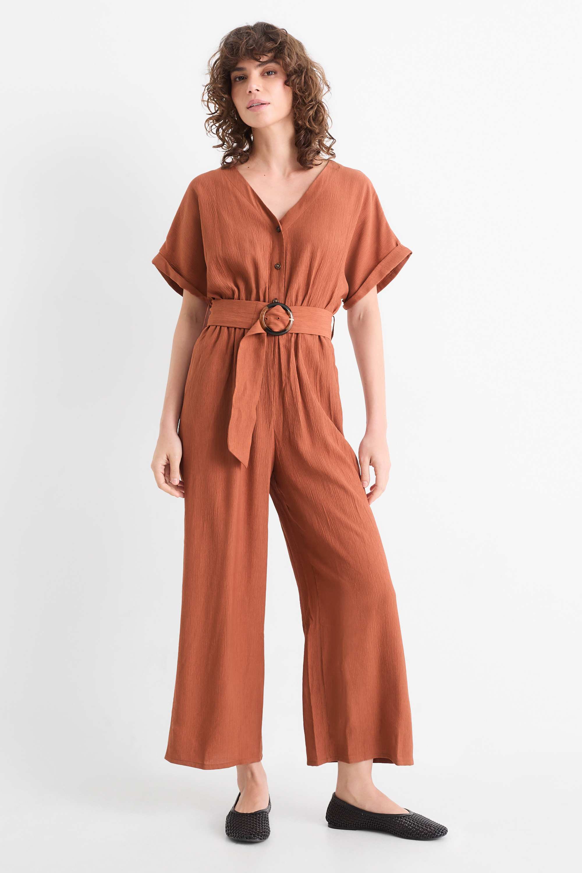 Jumpsuit with belt - textured brown