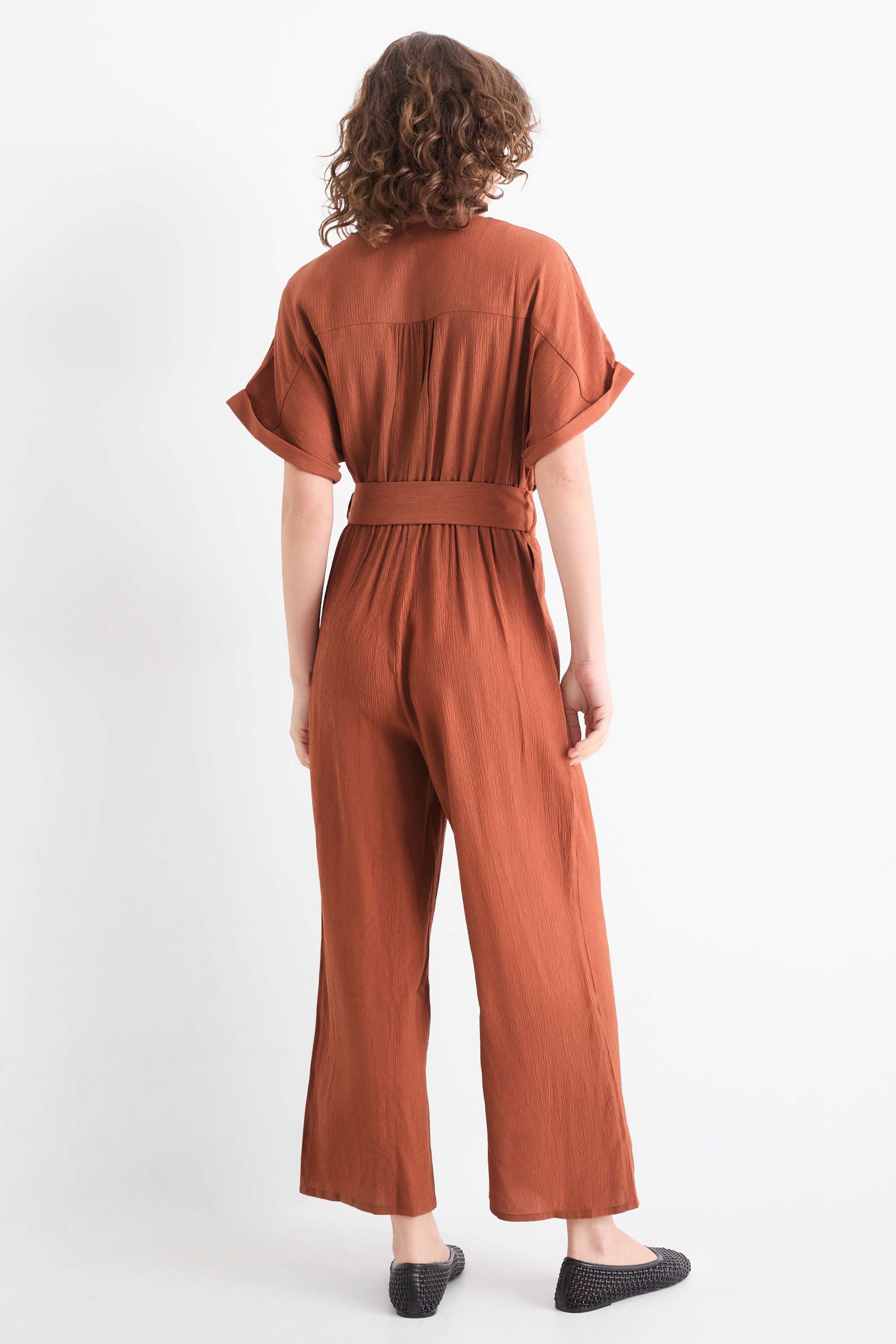 Jumpsuit with belt - textured brown