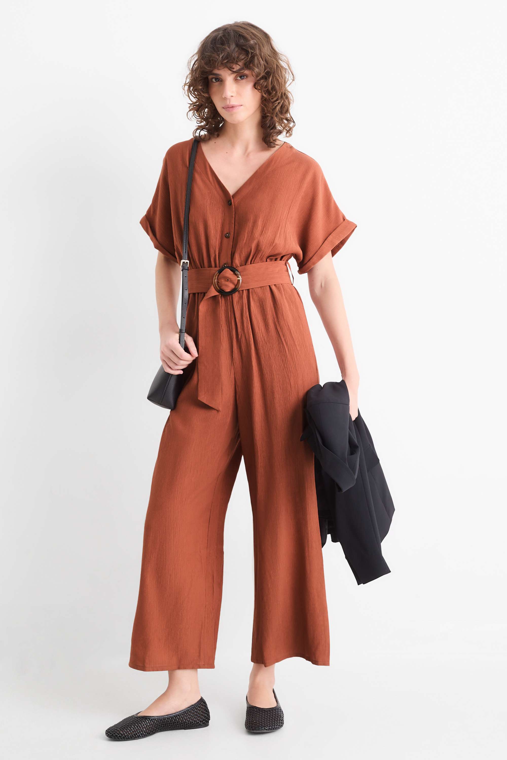 Jumpsuit with belt - textured brown