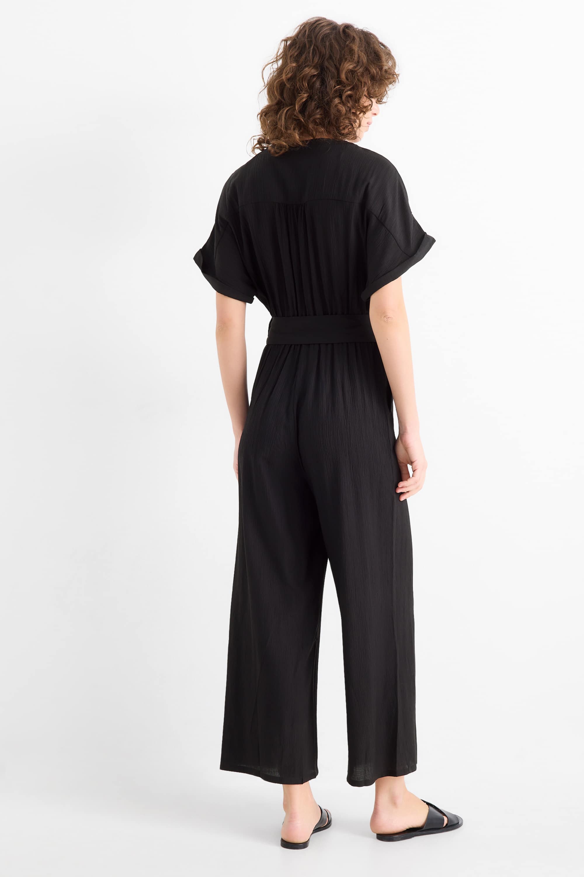 Jumpsuit with belt - textured black