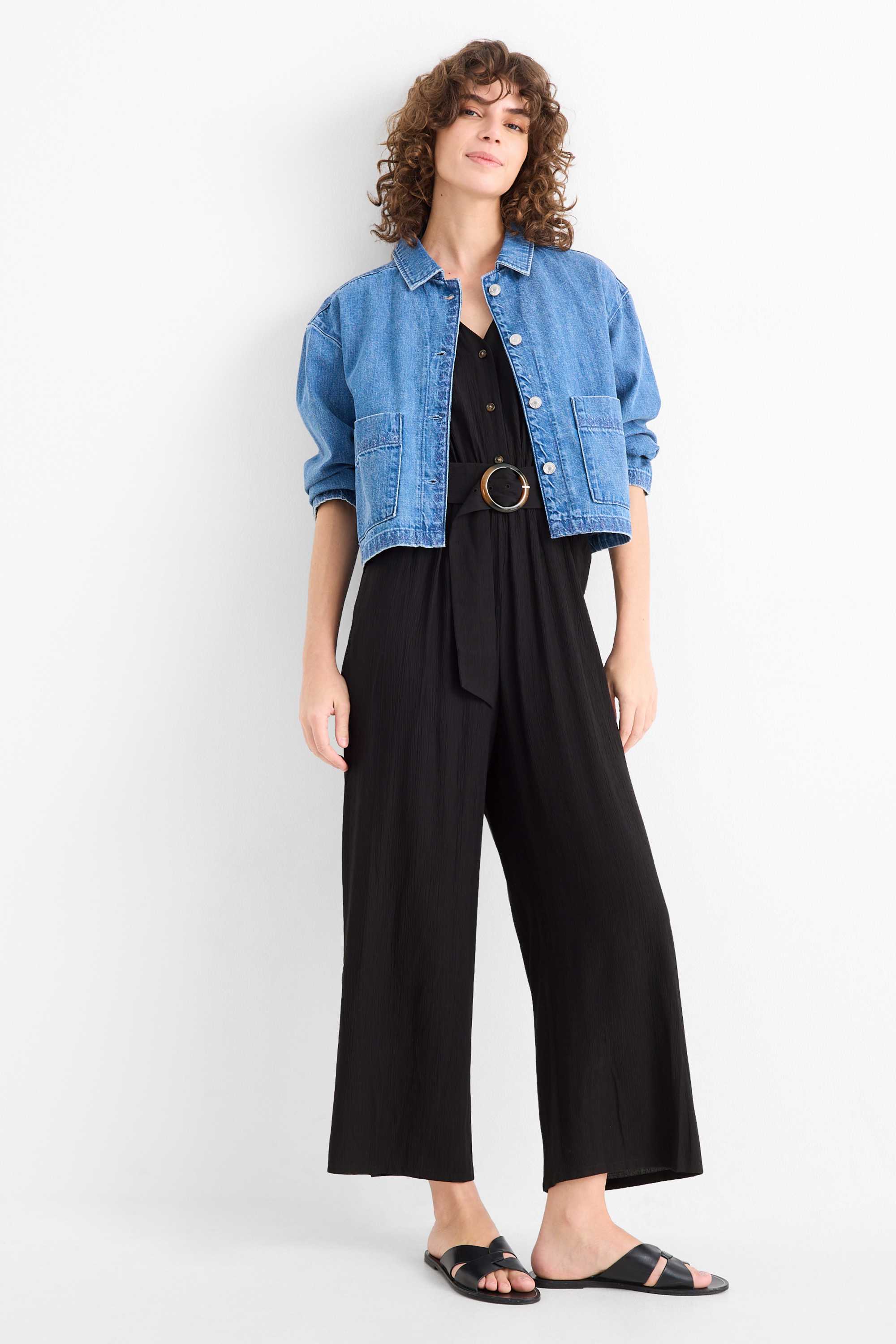 Jumpsuit with belt - textured black