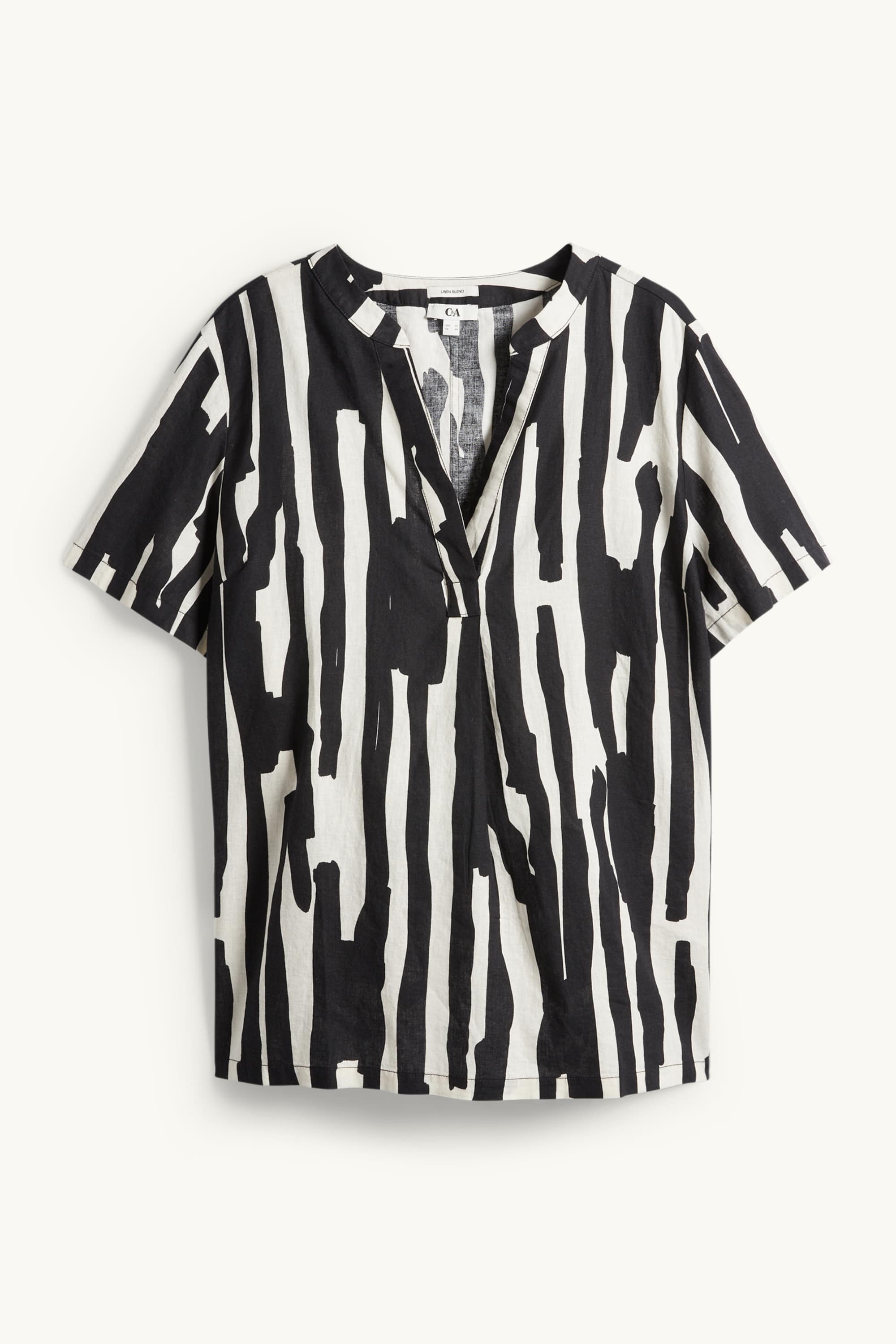 V-neck blouse - linen blend - patterned black / beige