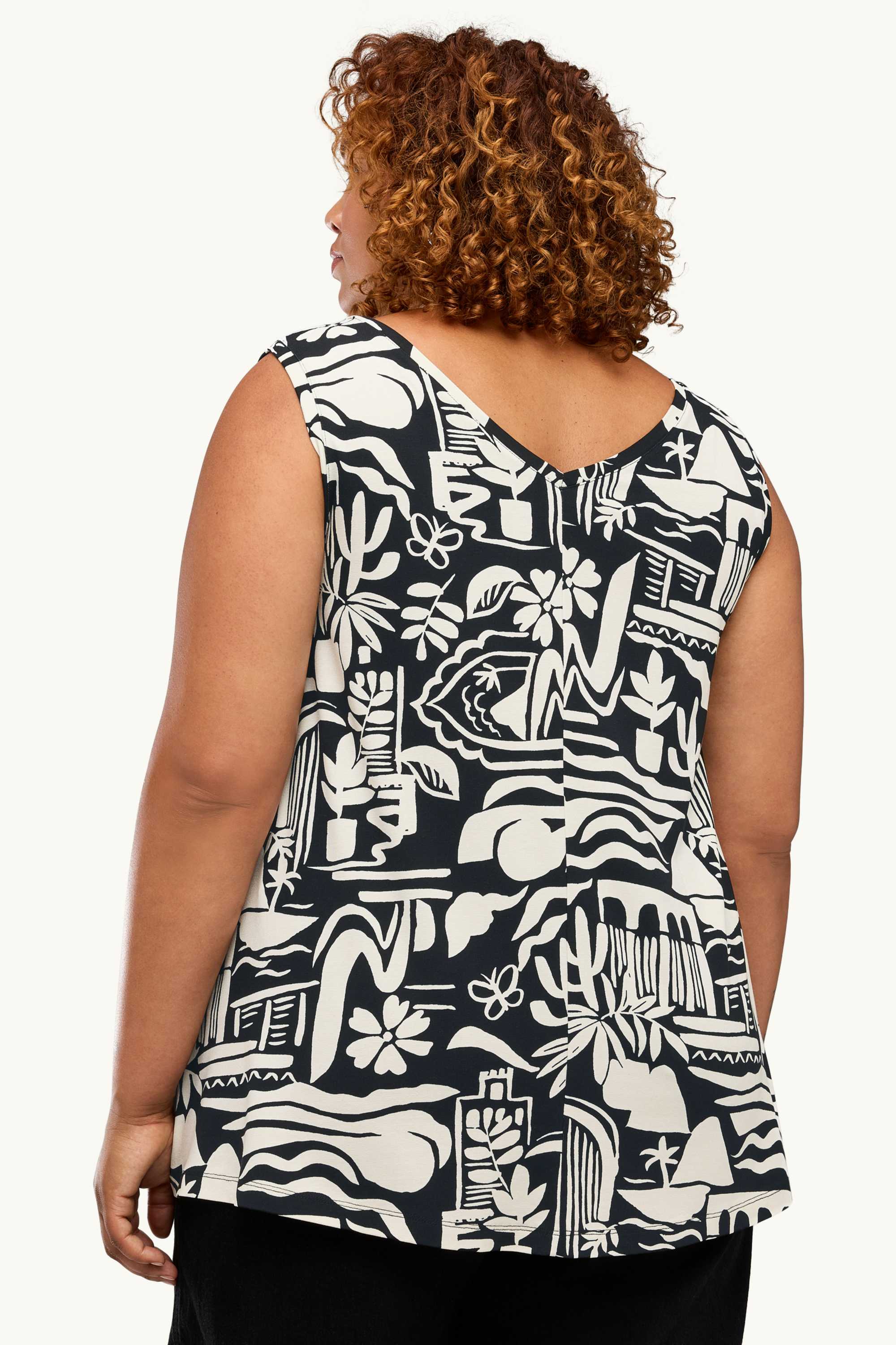 V-neck top - patterned white / black