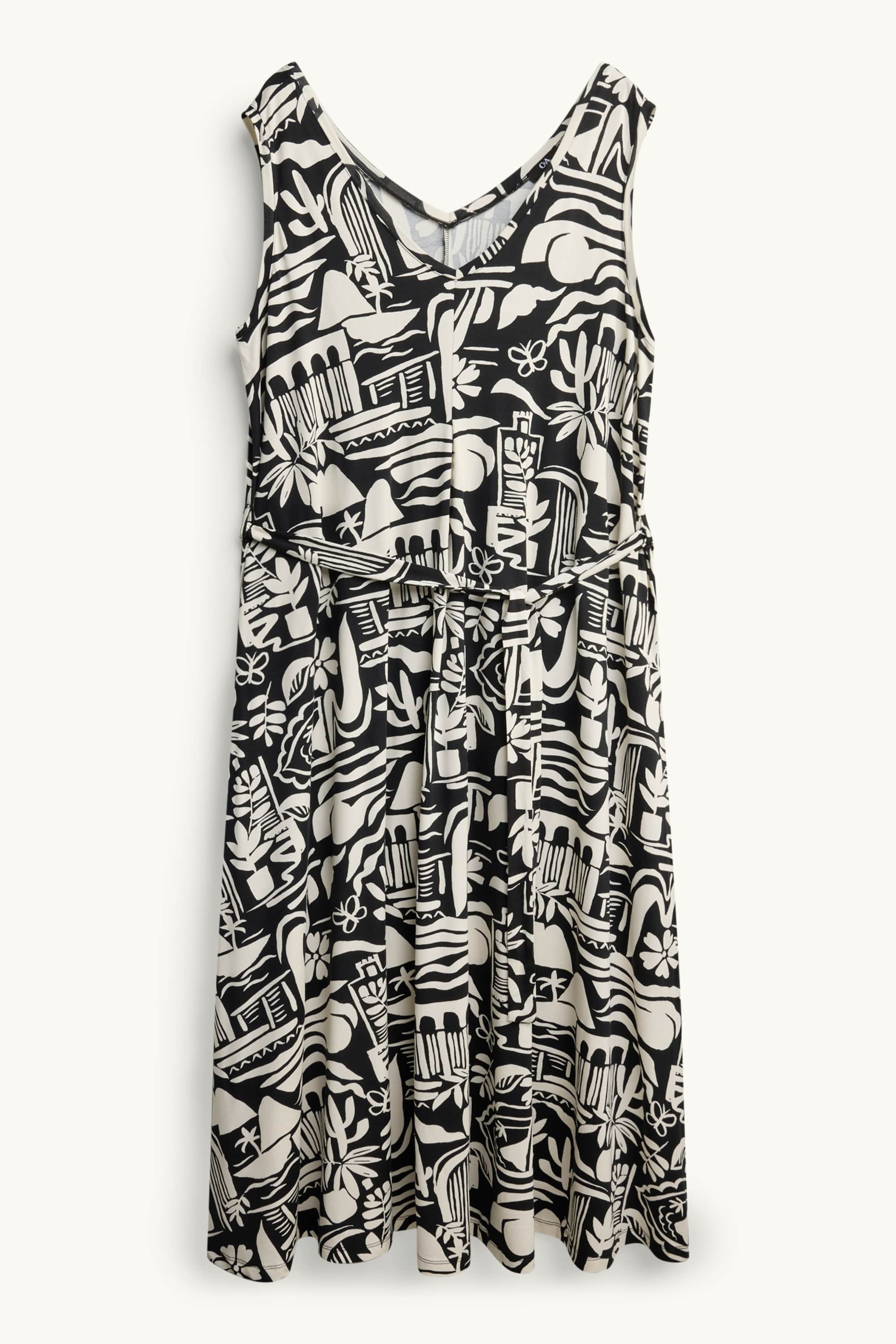A-line dress with V-neck - patterned black / white