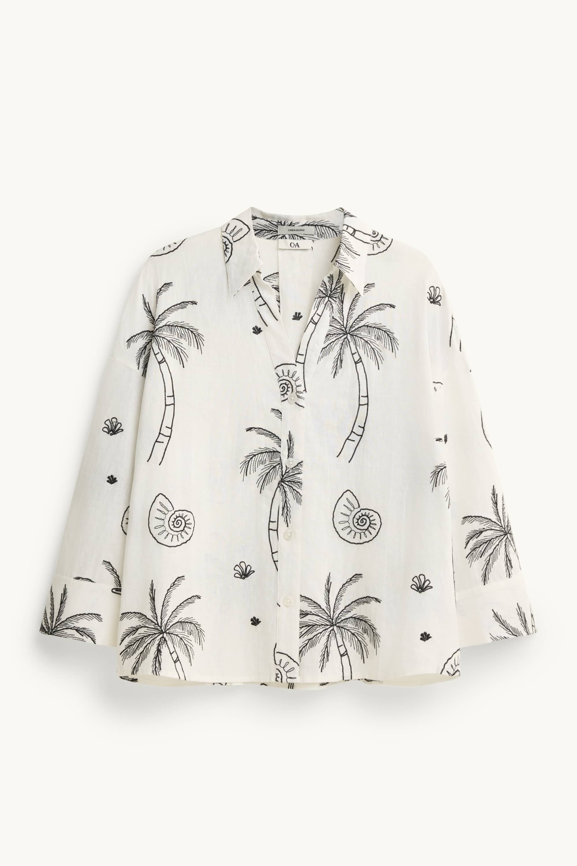 Blouse - linen blend - patterned white / black