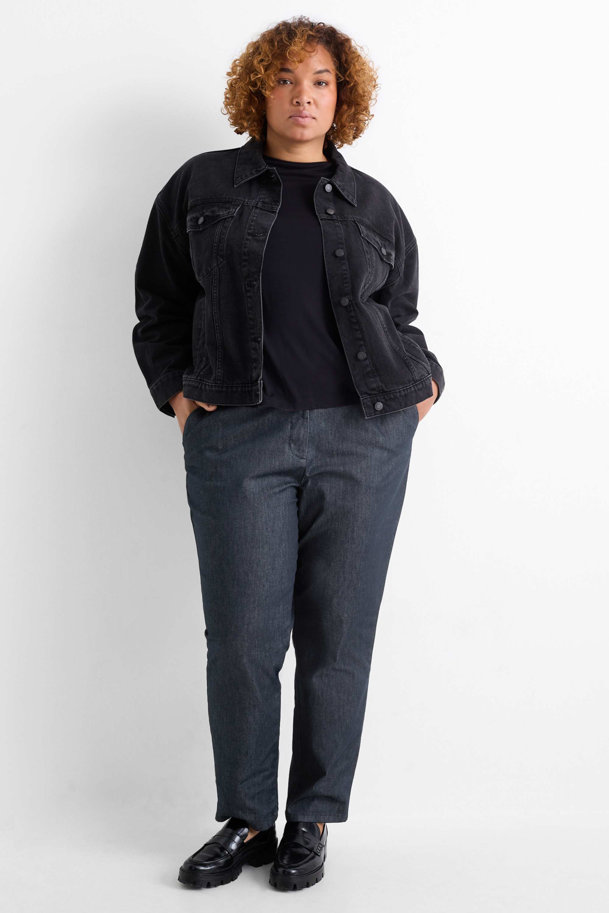 Cloth trousers with belt - mid-rise waist - tapered leg - jeans look dark blue