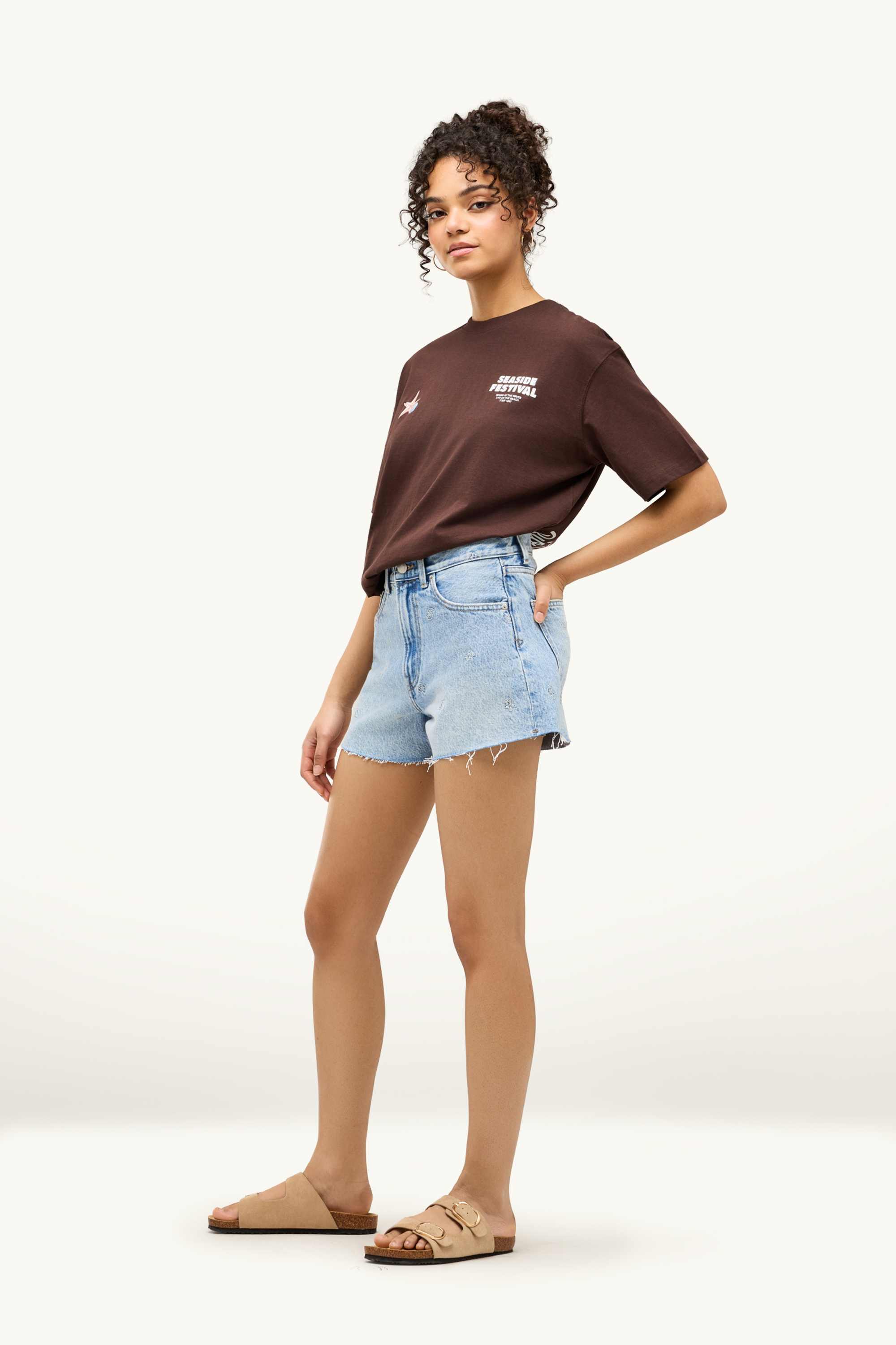 Mom shorts - high waist - patterned denim-light blue