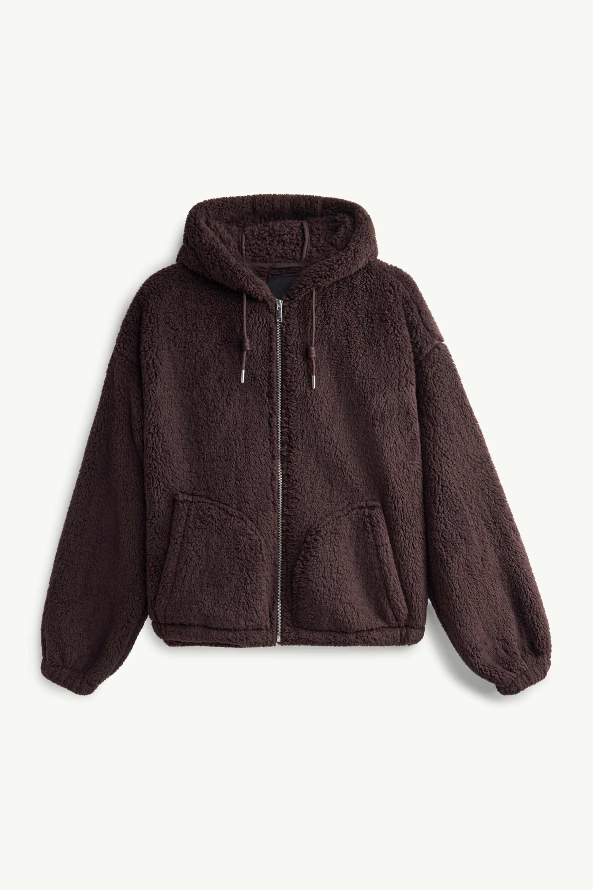 Teddy fur jacket with hood dark brown