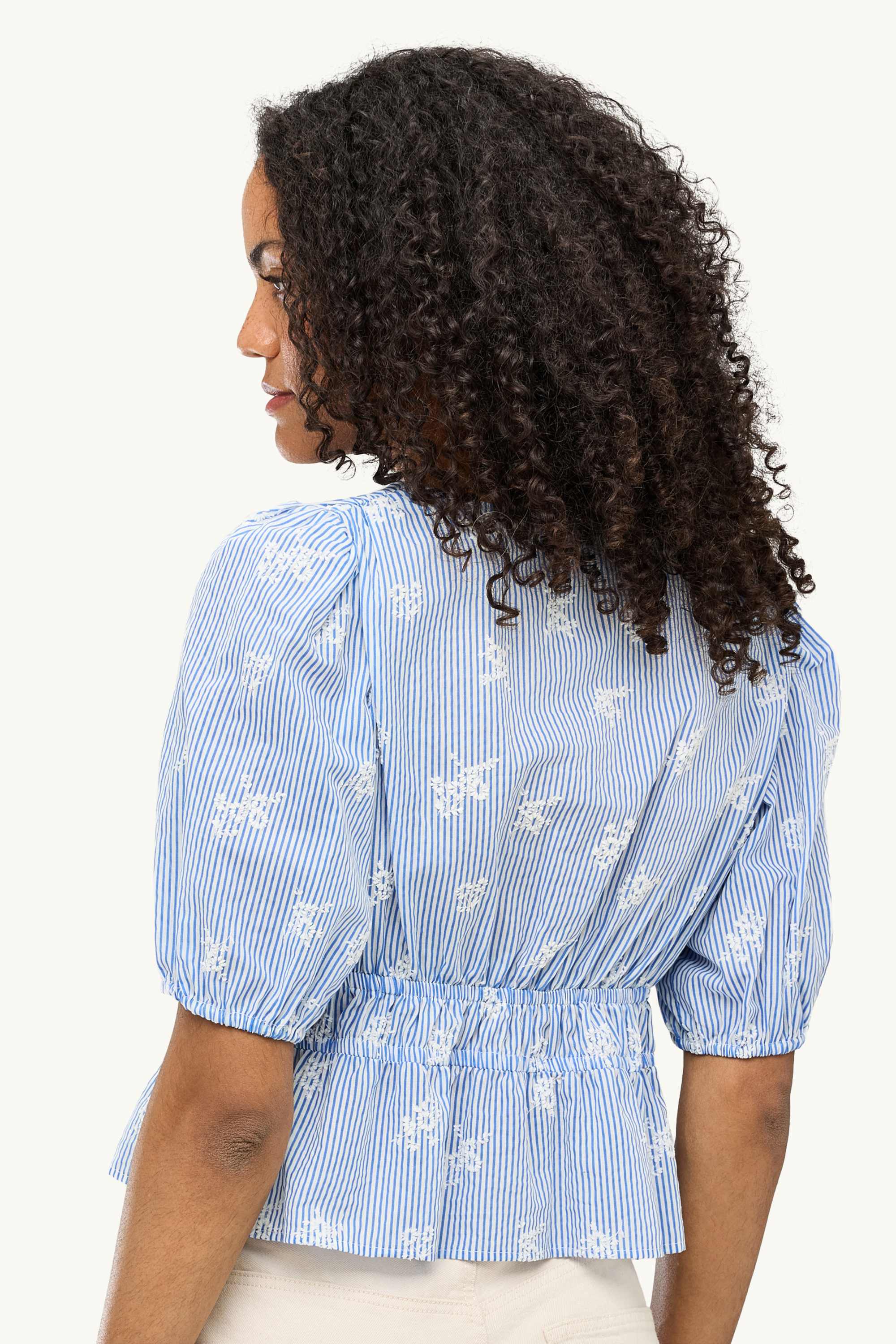 V-neck blouse - embroidered - striped blue / white
