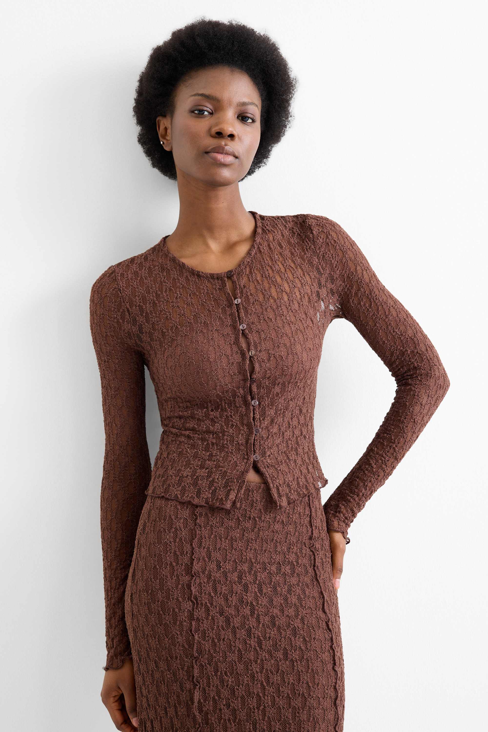 Cropped long sleeve top - slim fit dark brown
