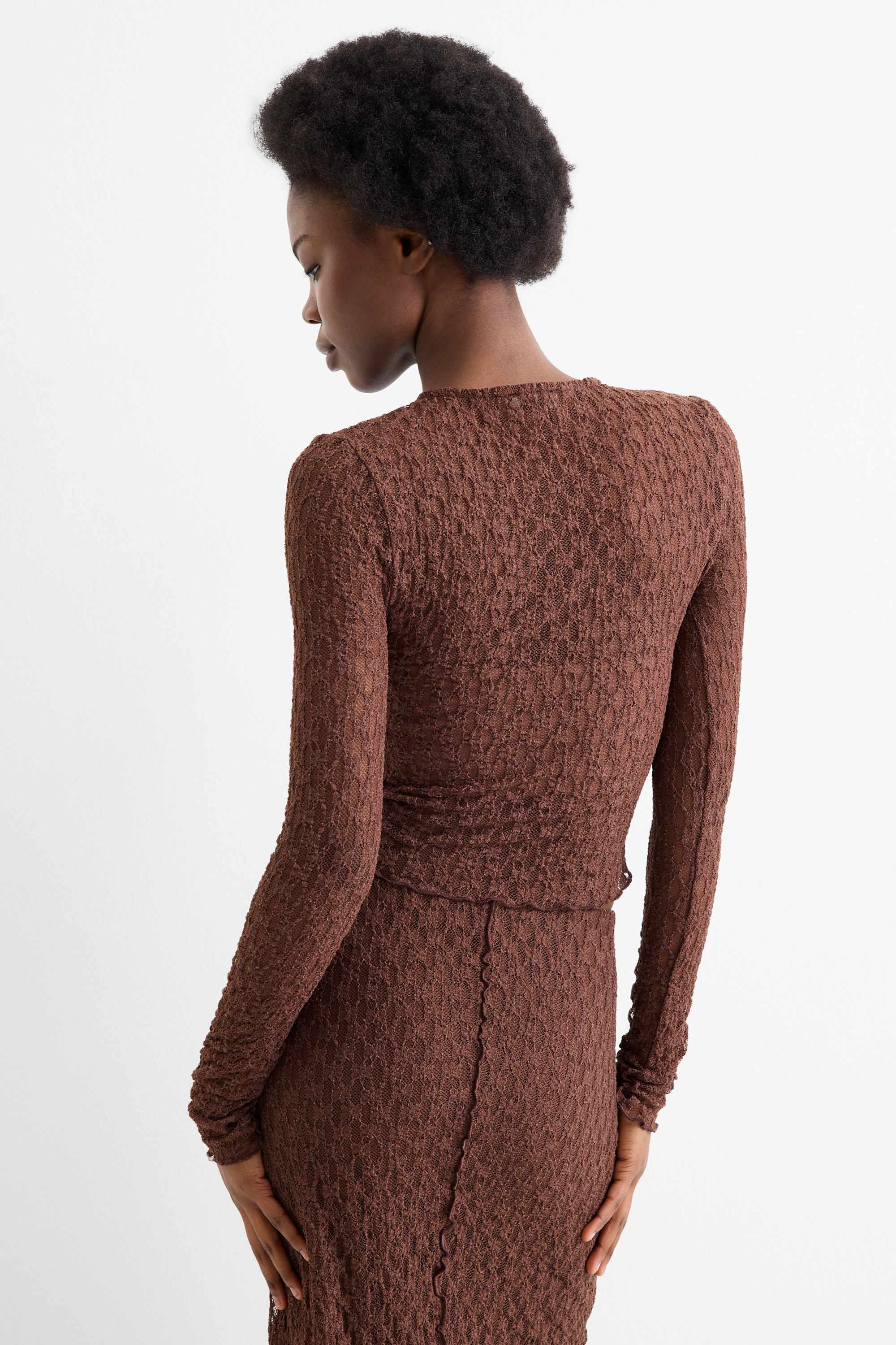 Cropped long sleeve top - slim fit dark brown