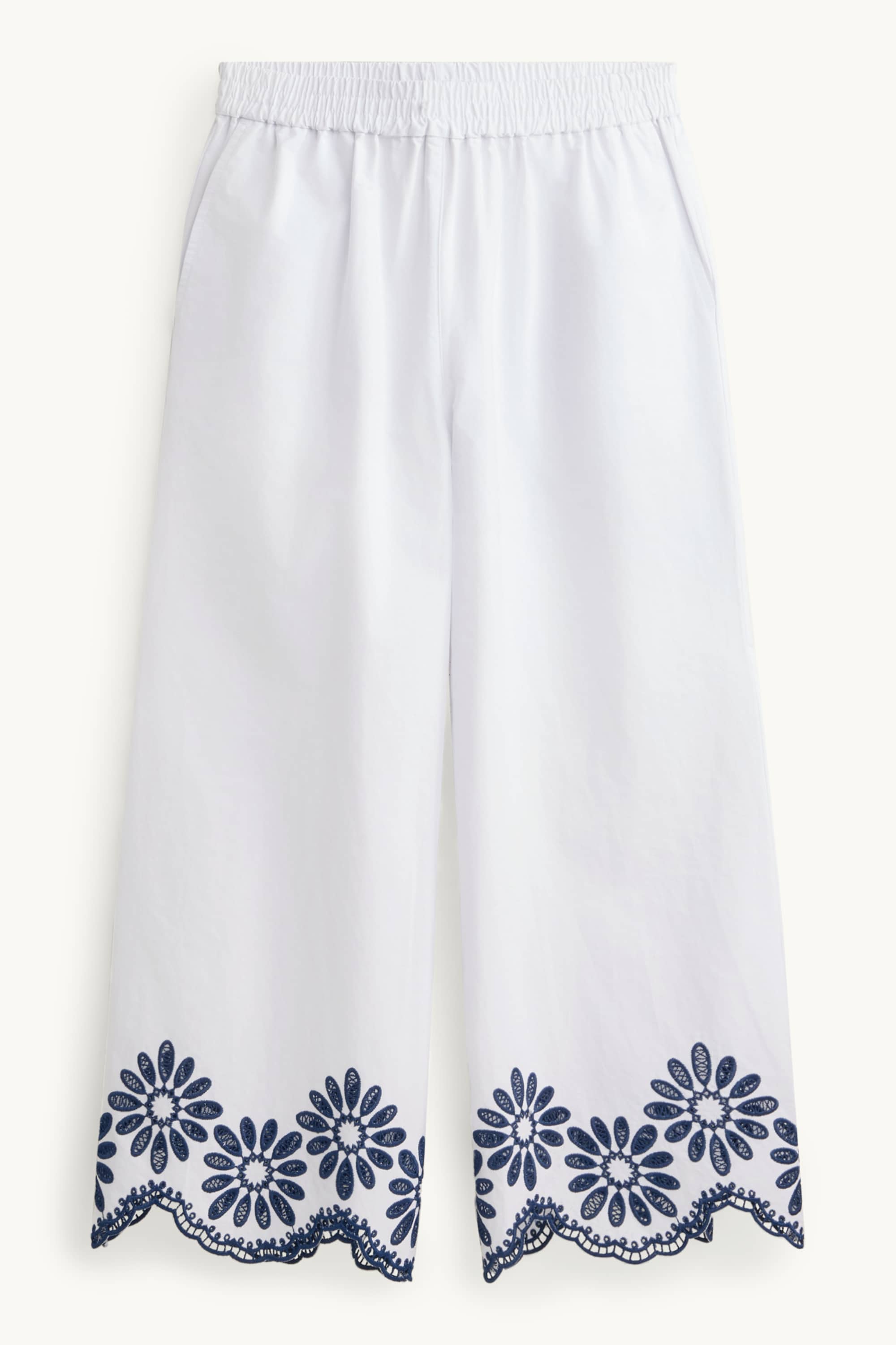Cloth trousers - mid-rise waist - wide leg - broderie anglaise white / blue