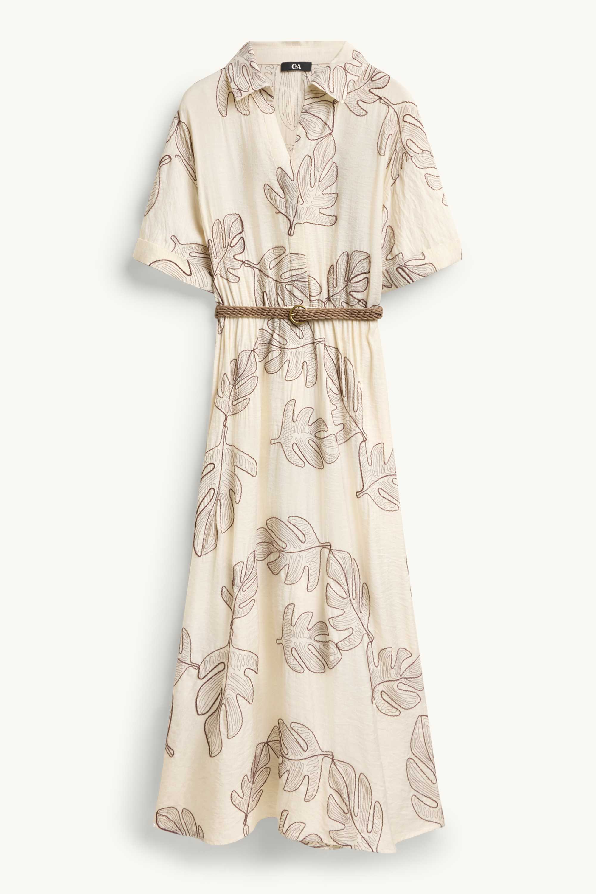V-neck dress and belt - patterned beige