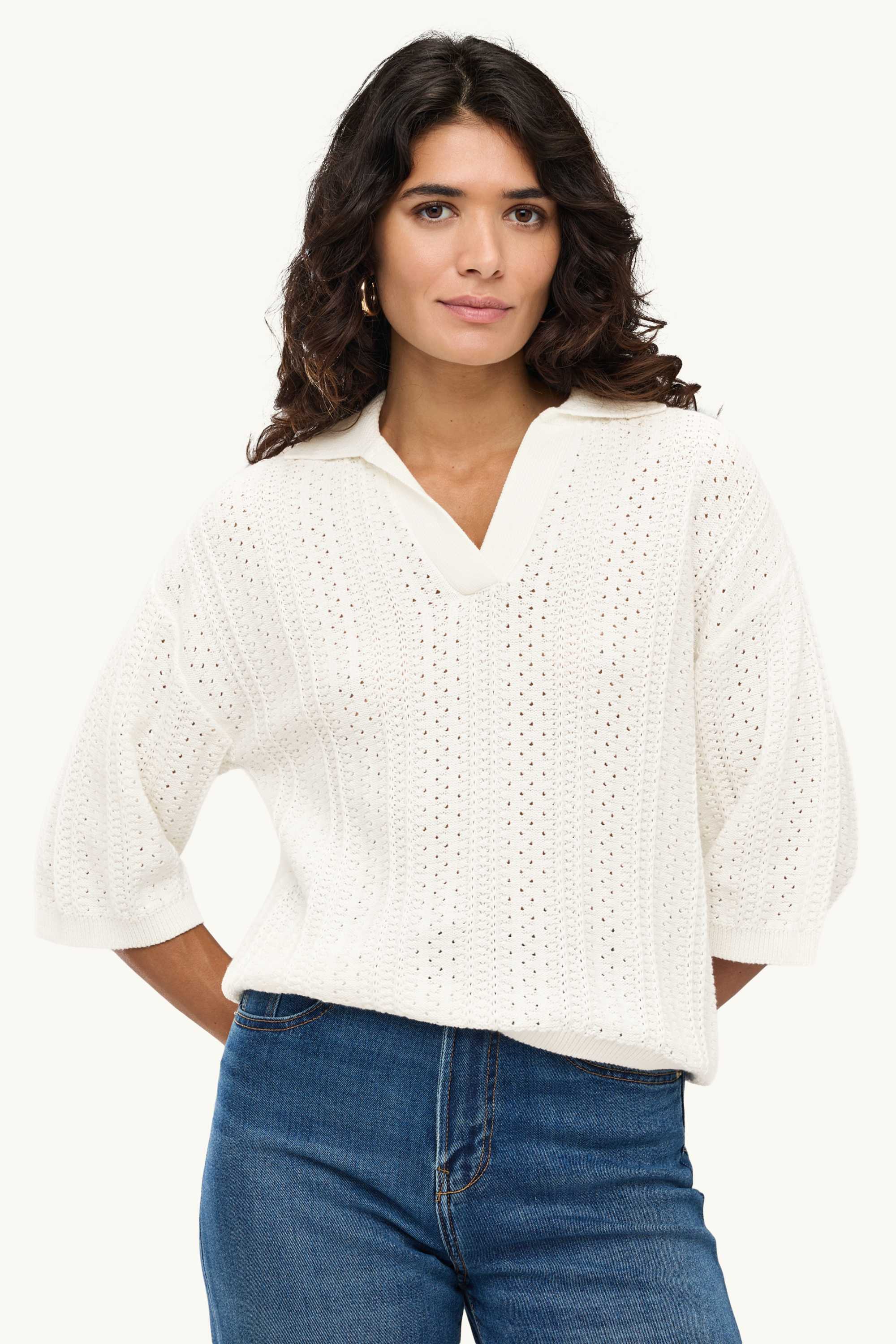 Knitted jumper - short sleeve - textured white