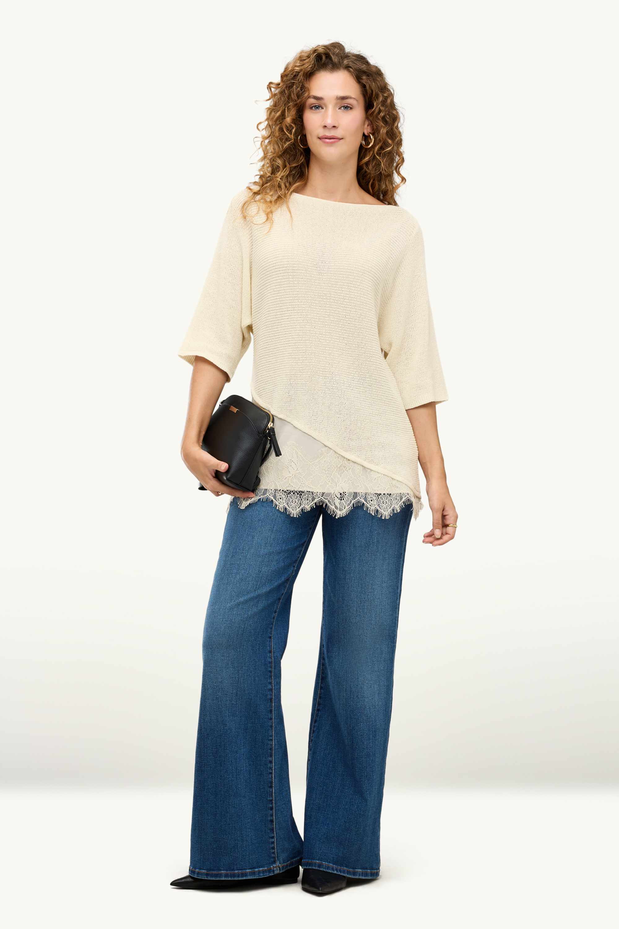 Knitted jumper - short sleeve - ribbed creme