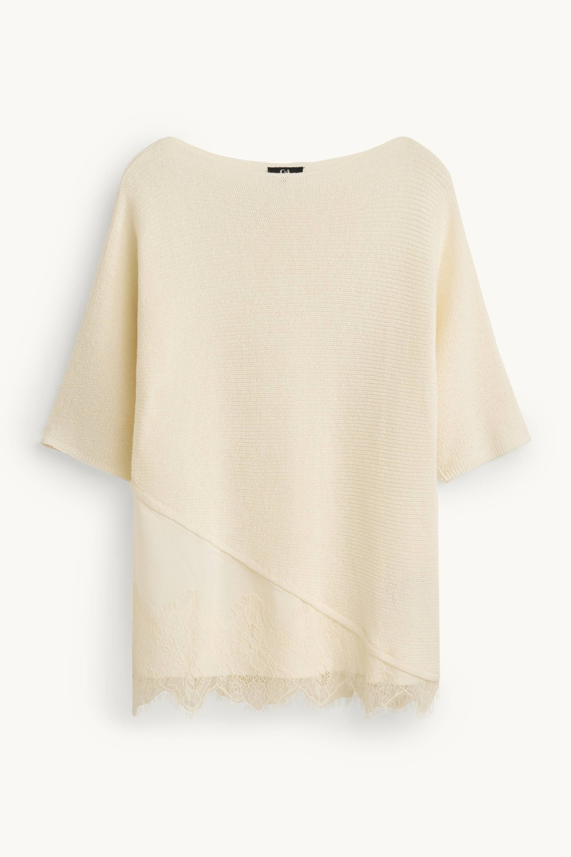 Knitted jumper - short sleeve - ribbed creme