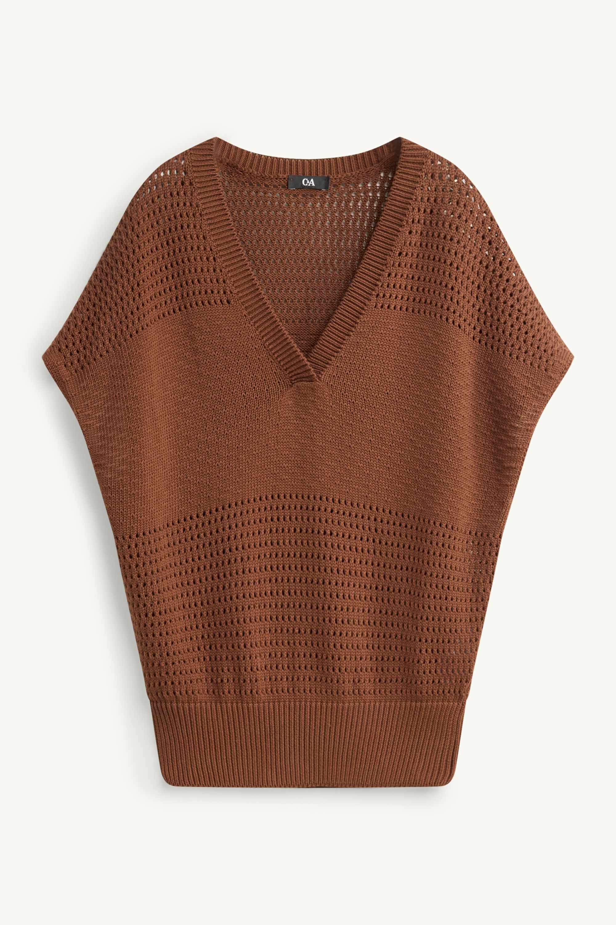 Knitted jumper - short sleeve - textured brown