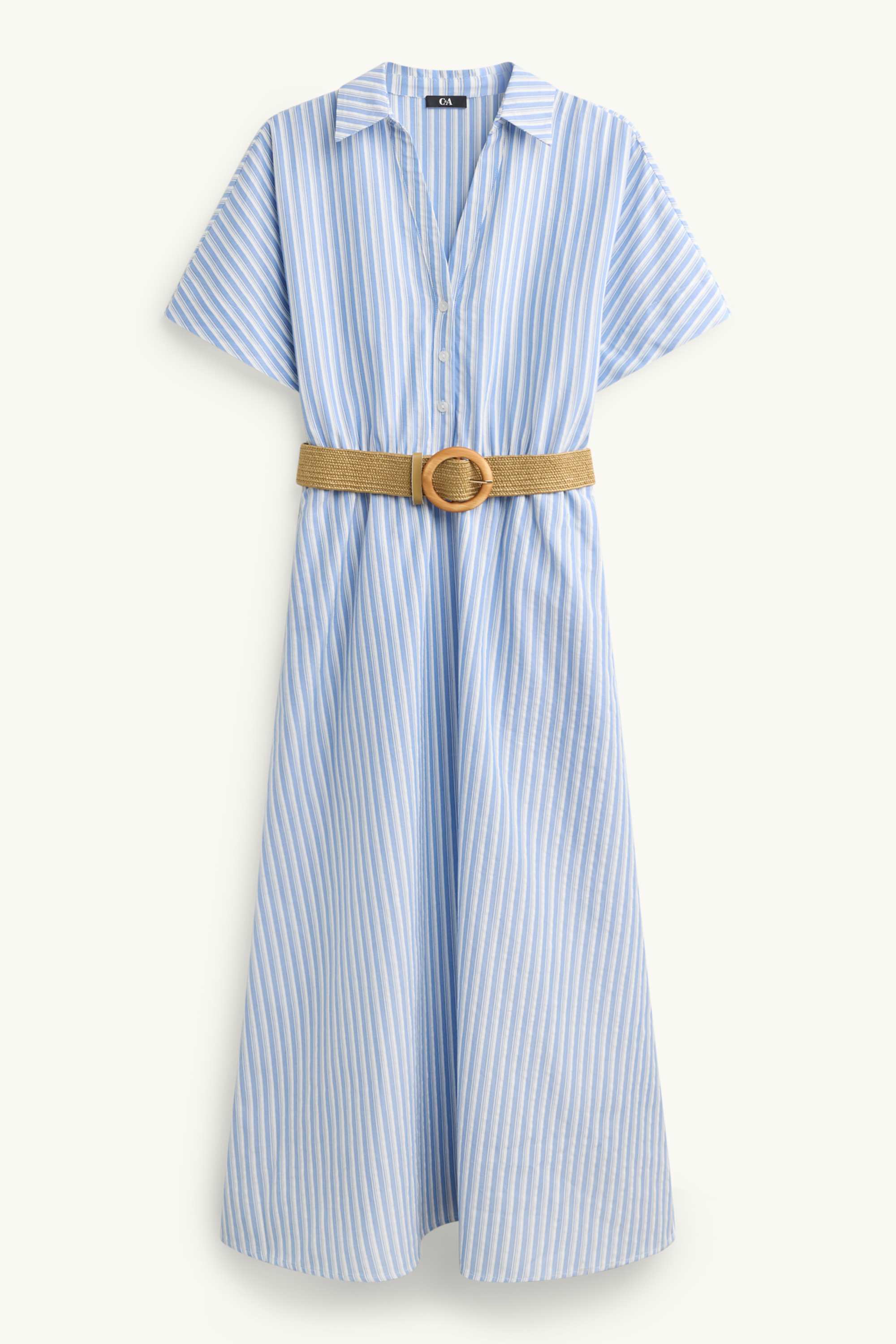 Dress with belt and V-neck - striped light blue