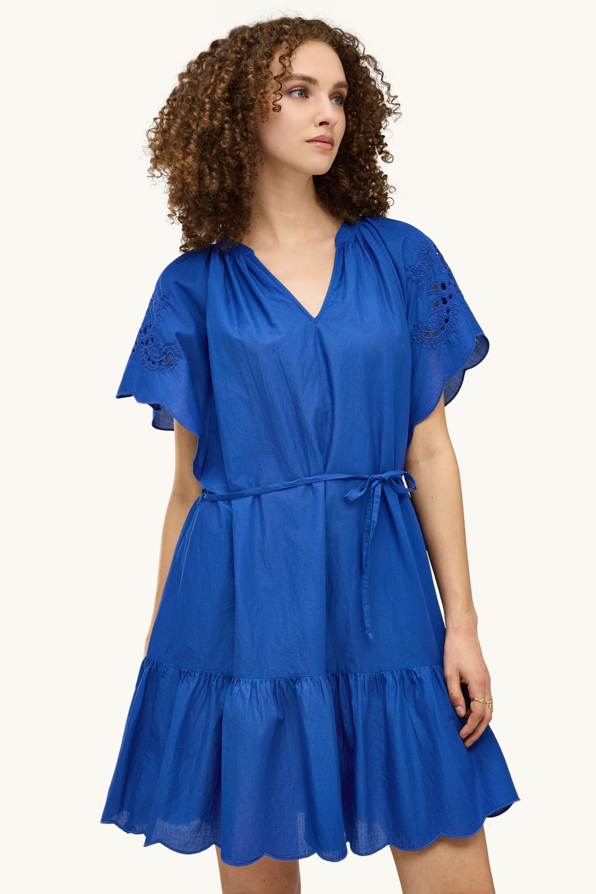 A-line dress with V-neck - broderie anglaise blue