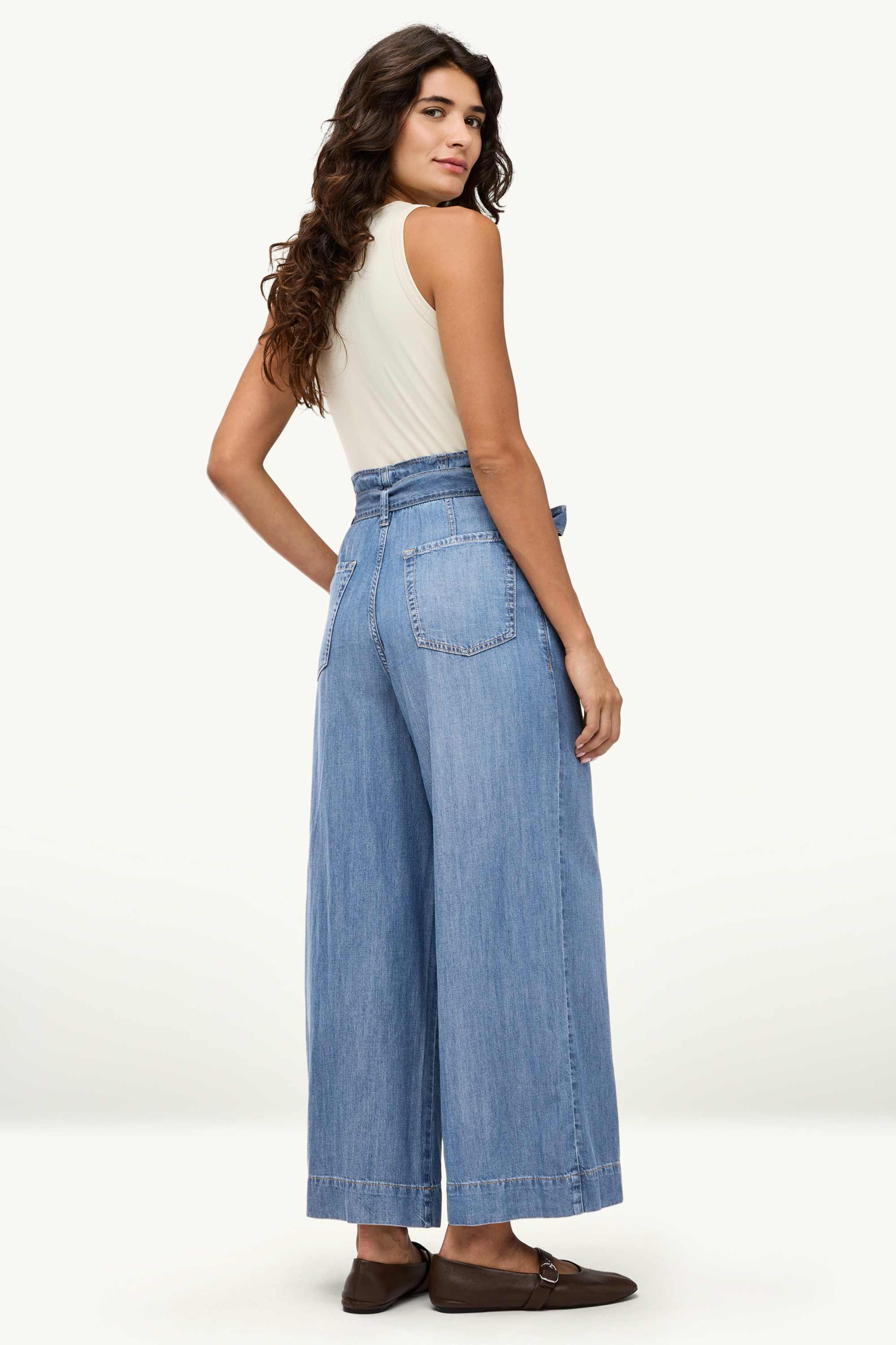 Cropped paper bag jeans - high waist - wide leg blue denim
